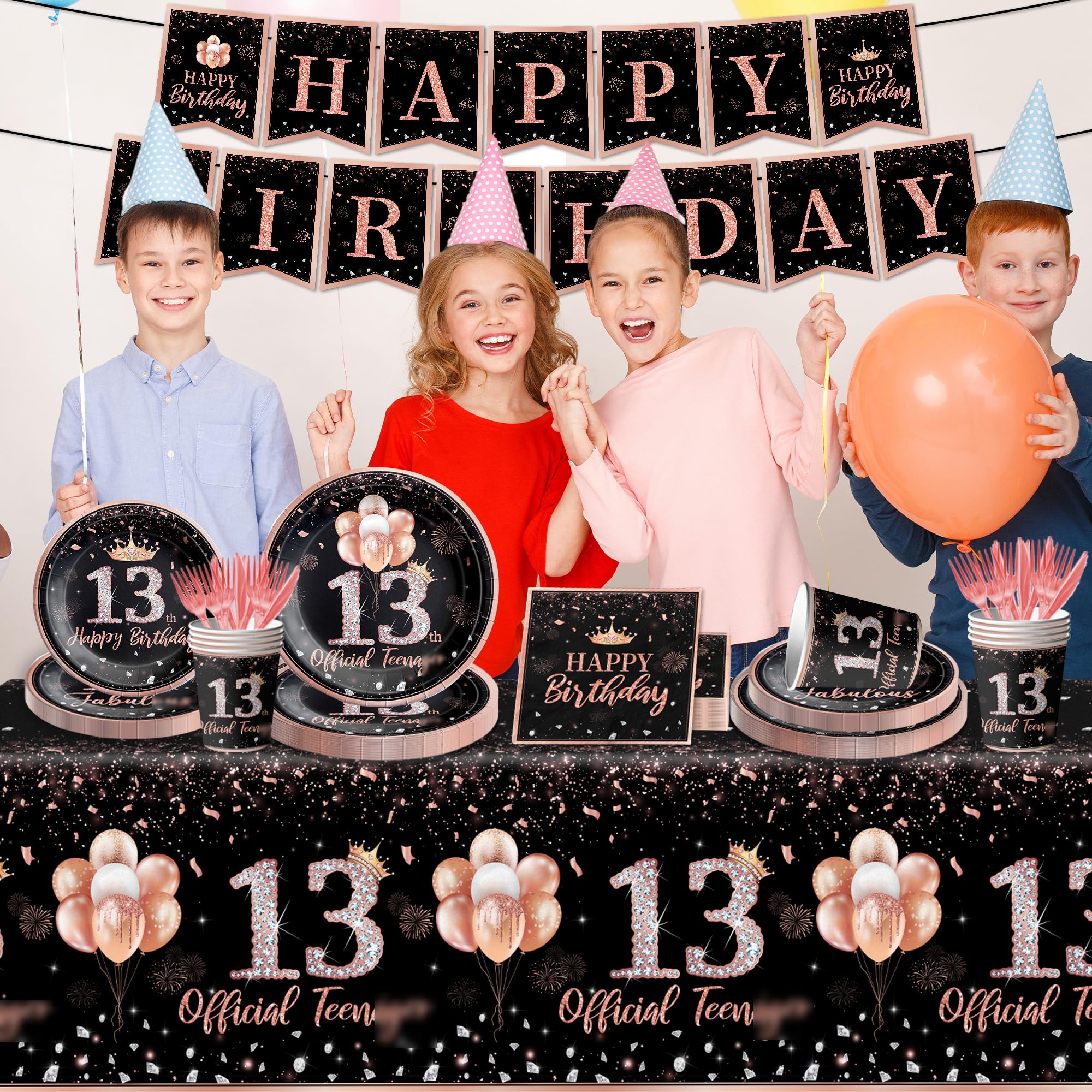 142Pcs Rose Gold 13th Birthday Party Supplies Set for Girls - Disposable Tablecloth, Plates, Napkins, Cups, Forks & Knives - Perfect for Teen Birthday Decorations & Celebrations