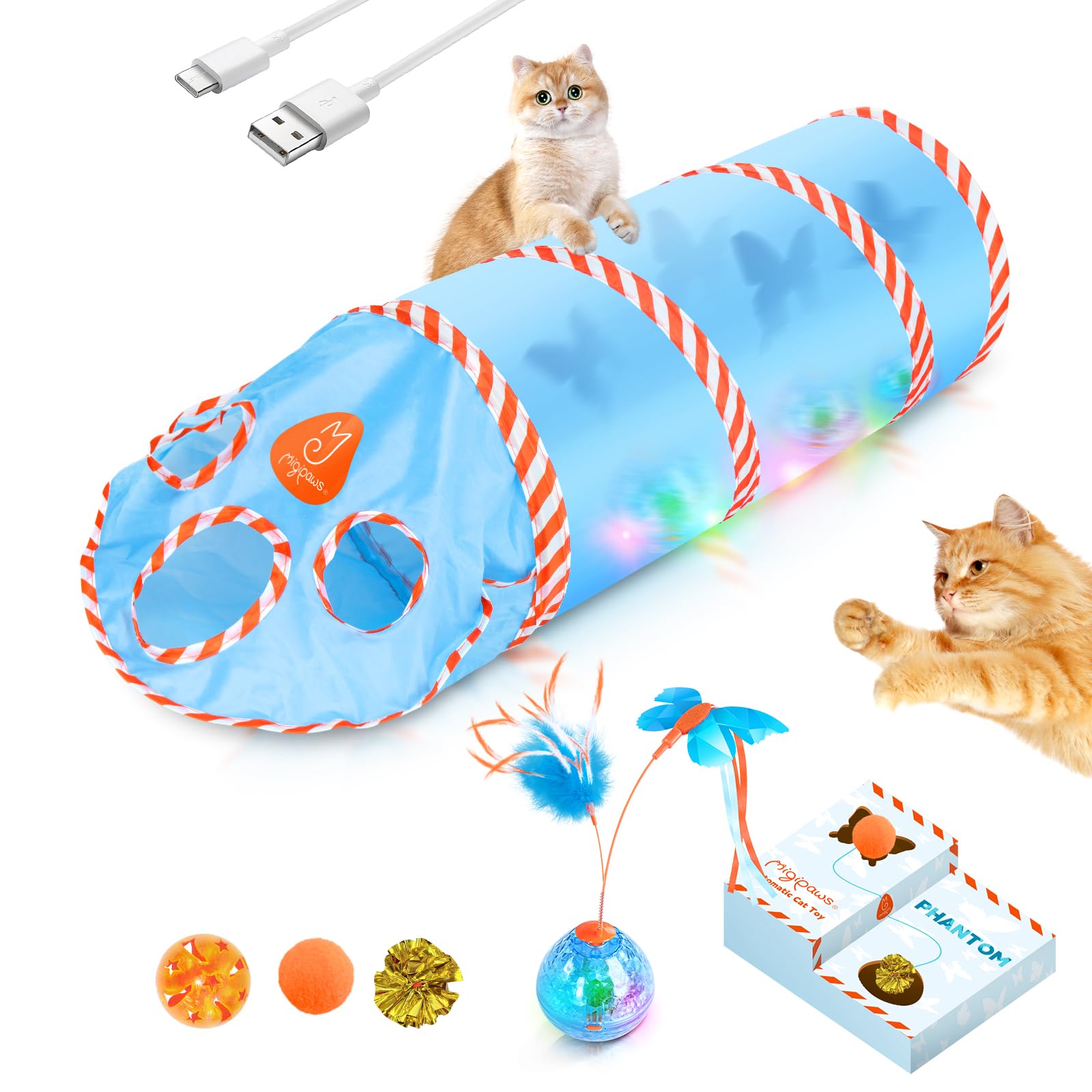 Migipaws Interactive Cat Toys - Upgraded 2.0 Rechargeable Butterfly Feather Projection Toy with Moving Shadows for Indoor Cats | Fun Play in Cat Tunnels & Cardboard Boxes | Stimulates Exercise & Reduces Boredom