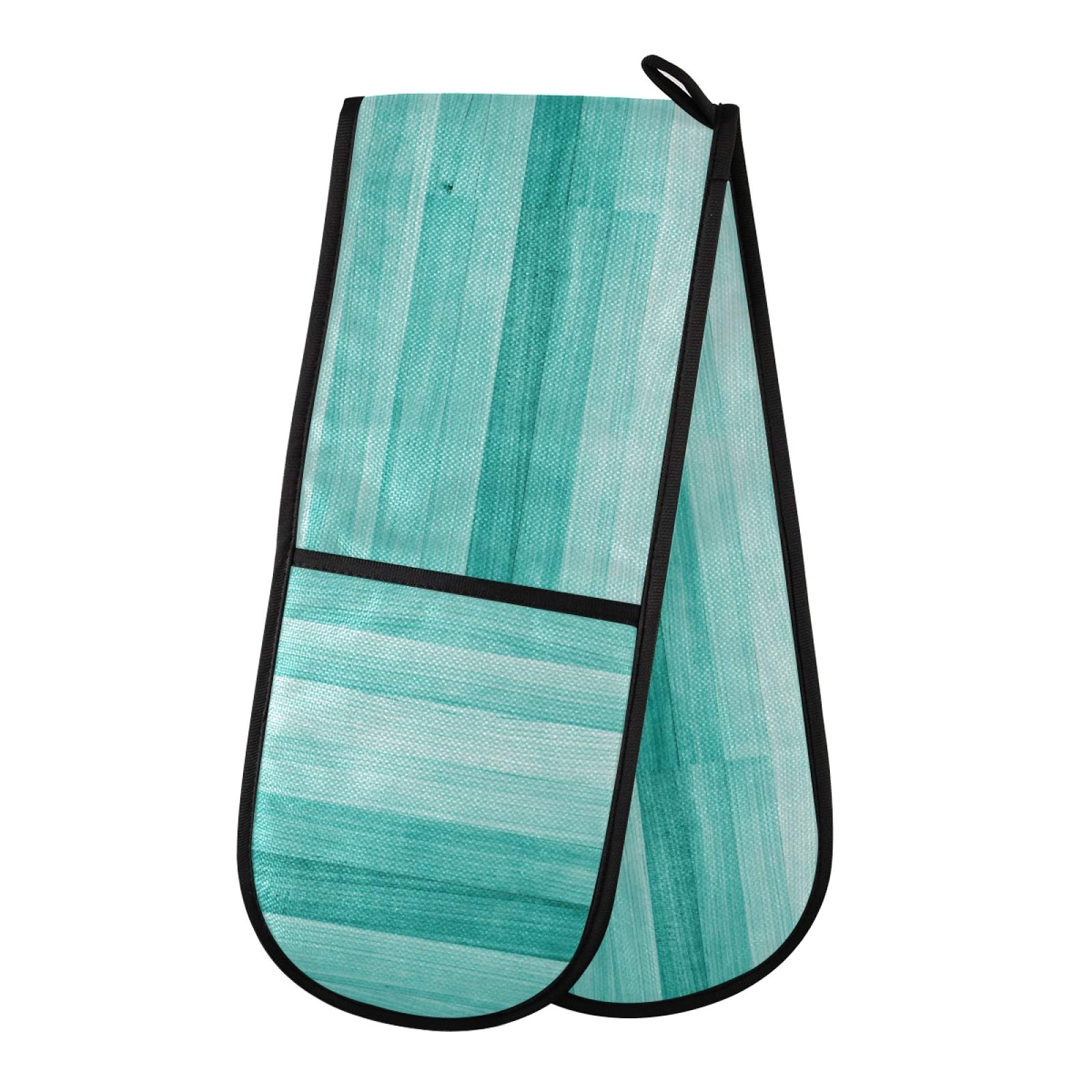 SUABO Heat Resistant Double Oven Mitts - Teal Turquoise Green Wood Pattern Kitchen Gloves for Cooking, Baking, BBQ & Hot Pans Handling - Perfect for Grilling, Baking, and Kitchen Safety