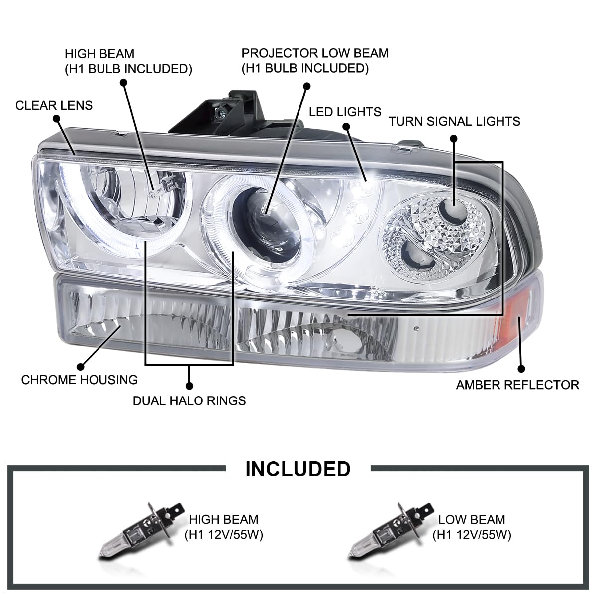Spec-D Tuning Chrome Halo SMD LED Projector Headlights with Chrome Bumper Lights - Compatible with 1998-2004 Chevy S10 (Left & Right Pair) - High-Performance Headlamp Assembly for Night Driving & Off-Road Adventures