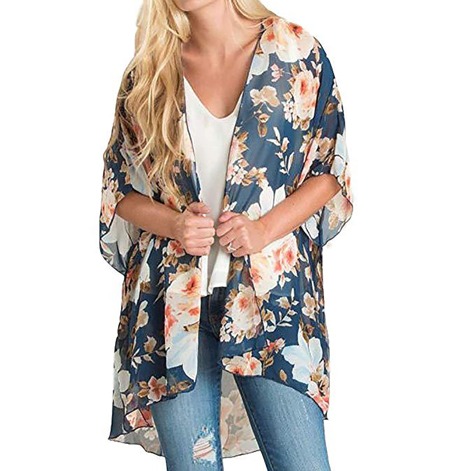Women's Floral Kimono Cardigan - Lightweight Open Front Beach Cover Up Dress for Swimsuit & Bikini | Summer Beachwear, Pool Party, Vacation Outfit (Grey, Medium)