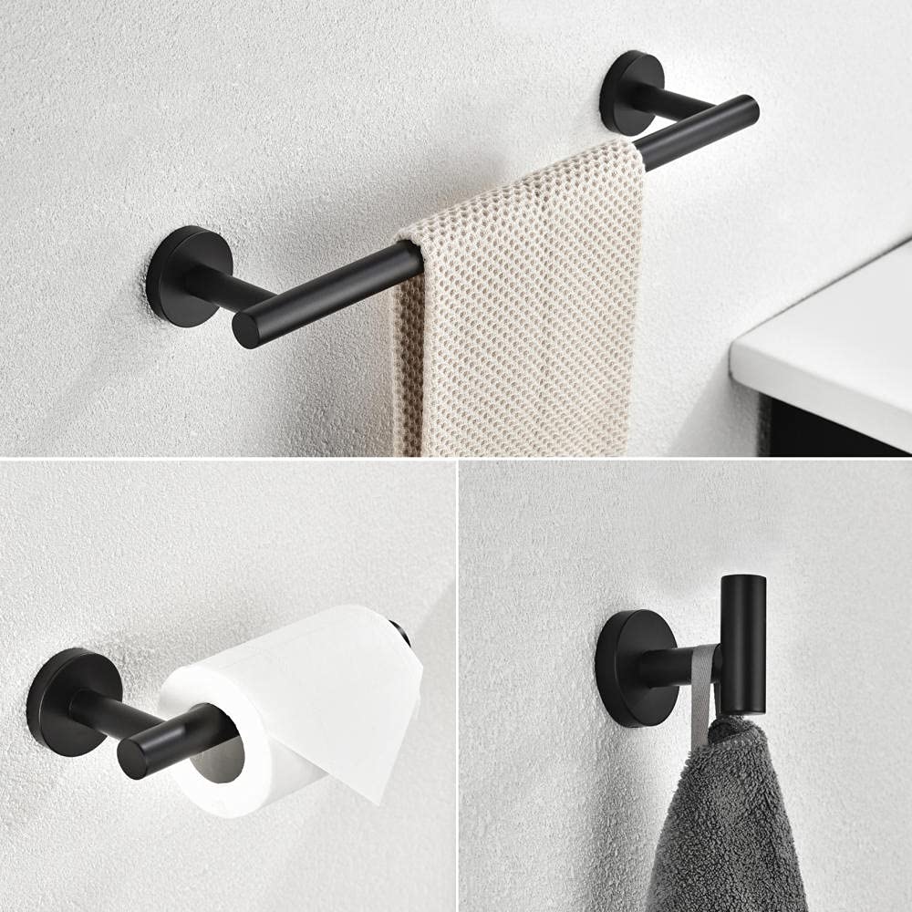 3-Piece Bathroom Hardware Set - 304 Stainless Steel Towel Bar, Toilet Paper Holder & Robe Hooks - Matte Black Finish - Modern Bathroom Accessories for Home, Apartment, Hotel (11.81
