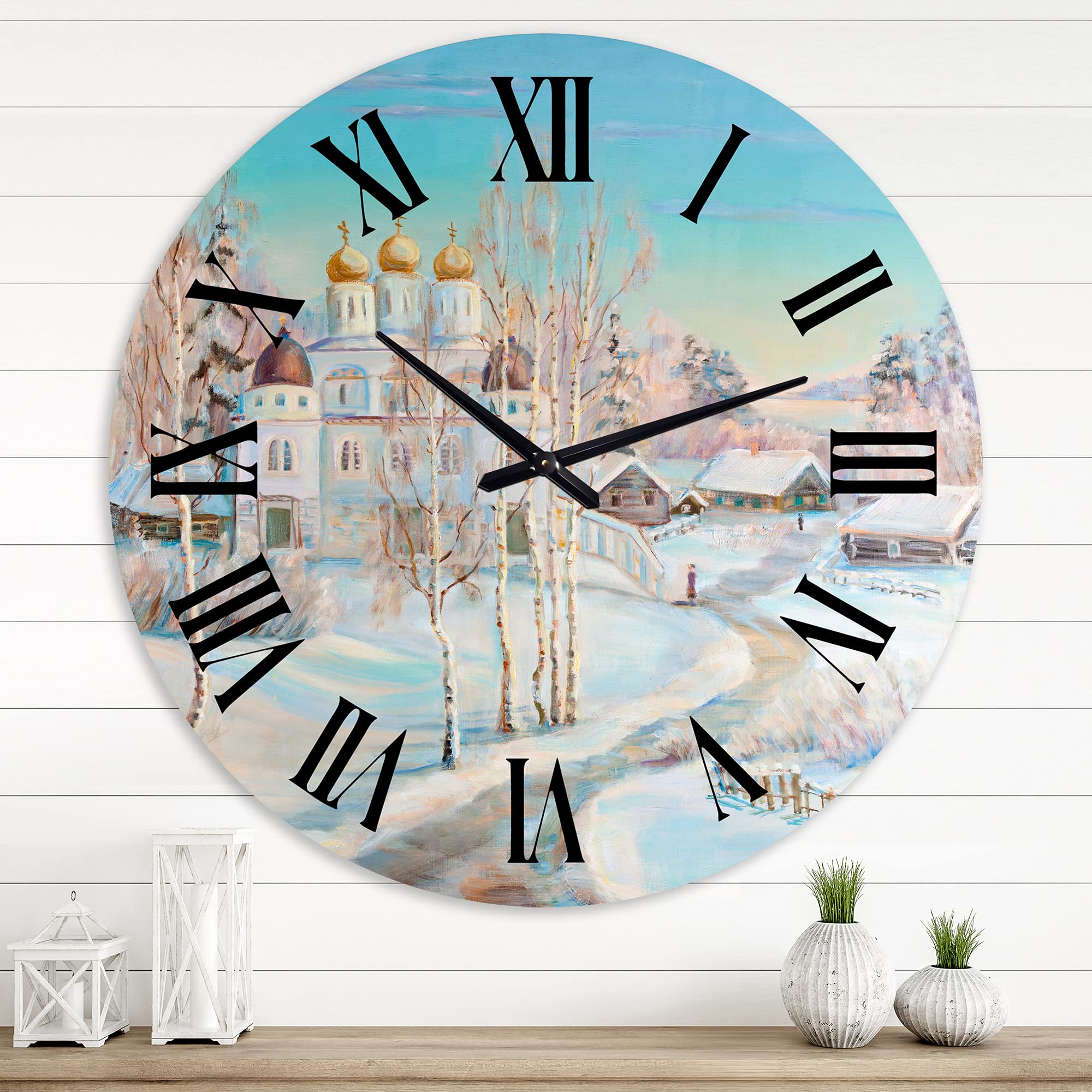 DesignQ Traditional Large Wall Clock - Winter Country Road & Temple Landscape Art for Living Room, Bedroom, Office Decor | Perfect for Home, Office & Gift Giving