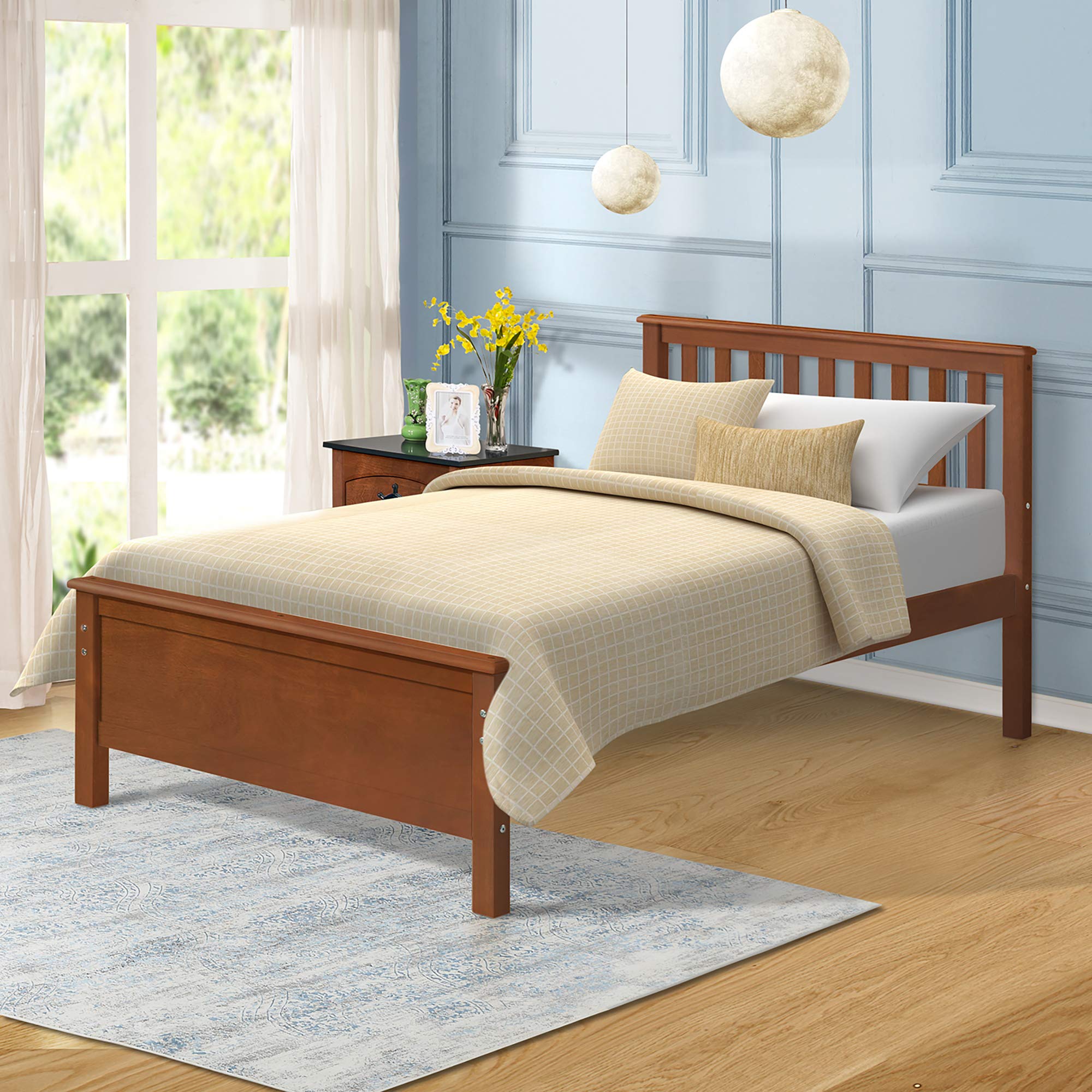 Merax Twin Size Platform Bed Frame with Headboard & Footboard - Sturdy Wood Slat Support, No Box Spring Needed, Walnut Finish - Perfect for Small Bedrooms, Guest Rooms & Dormitories