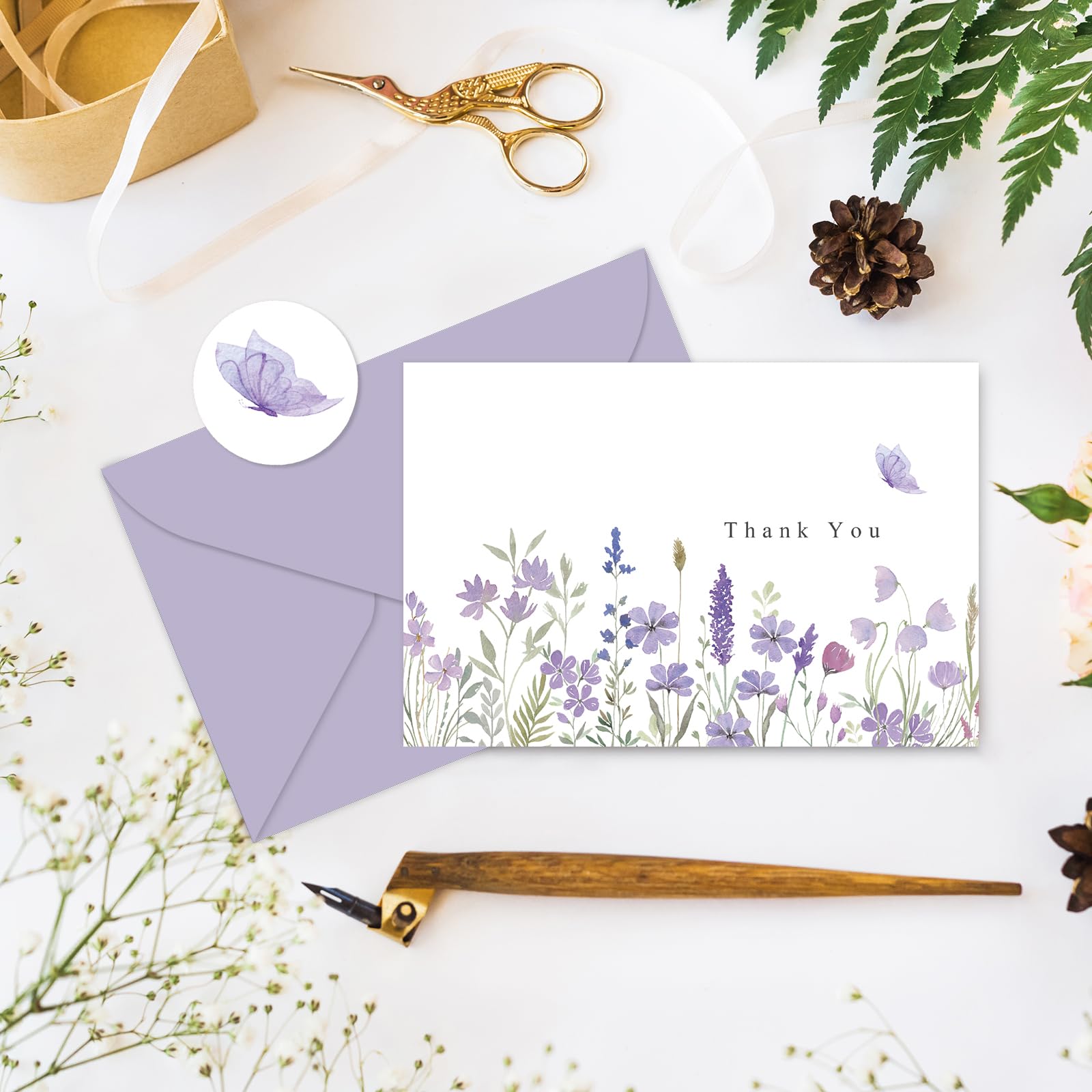 24 Pack Purple Wildflower Thank You Cards Bulk with Envelopes - Floral Blank Note Cards for Birthday, Wedding, Baby Shower, Bridal Shower - 4x6 Inch - Perfect for Handwritten Notes, Party Invitations & Gift Cards