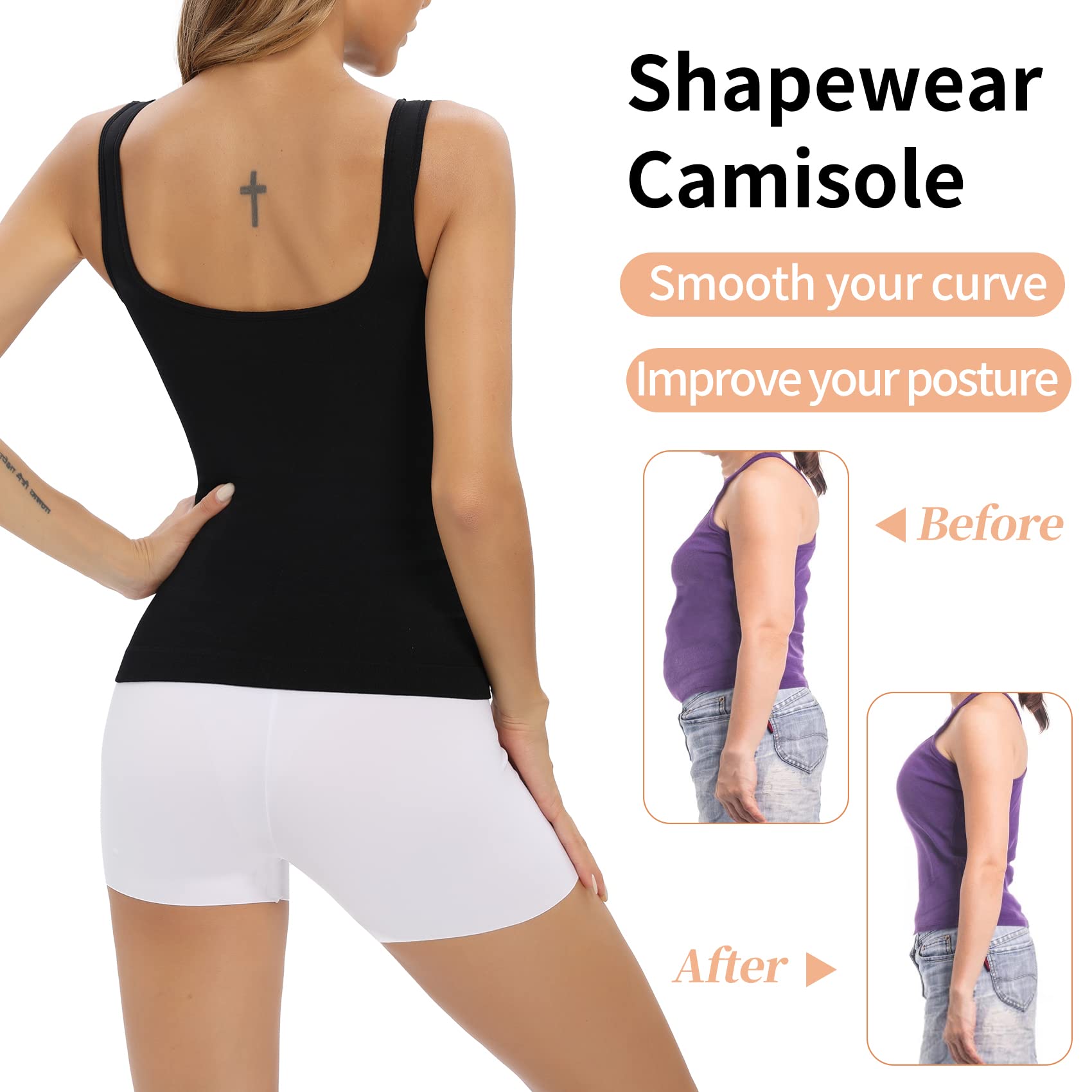 Women's Seamless Camisole with Built-in Bra & Tummy Control - Padded Shapewear Tank Top for Everyday Wear, Workout & Layering - White