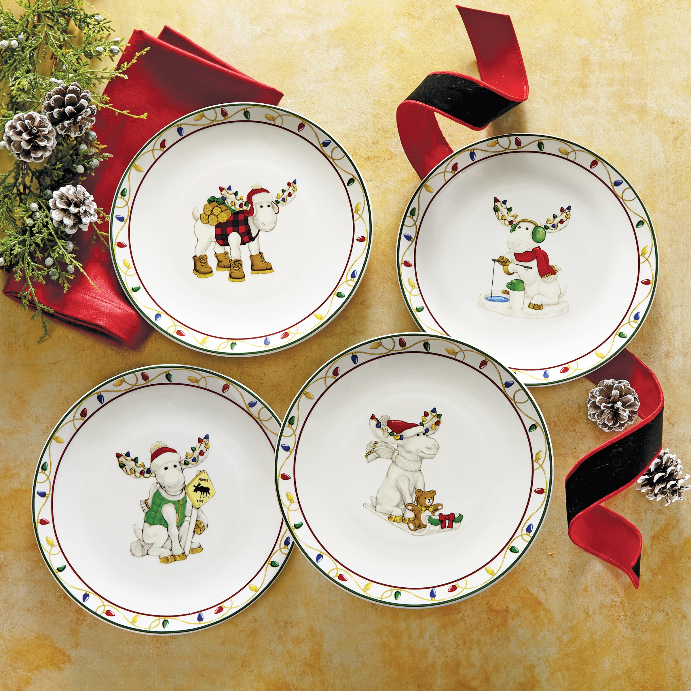 Merry Marcel Moose 4-Piece Dessert Plate Set - Elegant Ceramic Appetizer Plates for Holiday Parties, Tea Time & Special Occasions