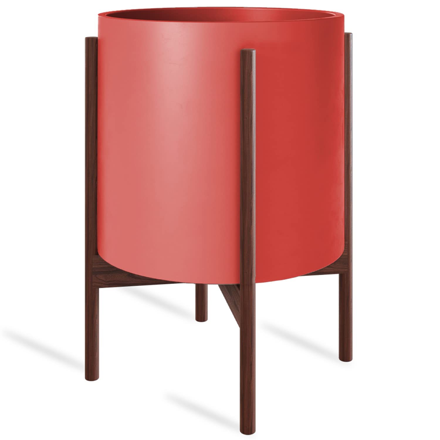 Mid Century Modern Plant Stand with 10 Inch Ceramic Pot - Tall Wooden Planter Holder for Indoor Plants & Flowers - Large Floor Planter with Wood Legs for Snake Plants, Succulents, Home & Office Decor - Red