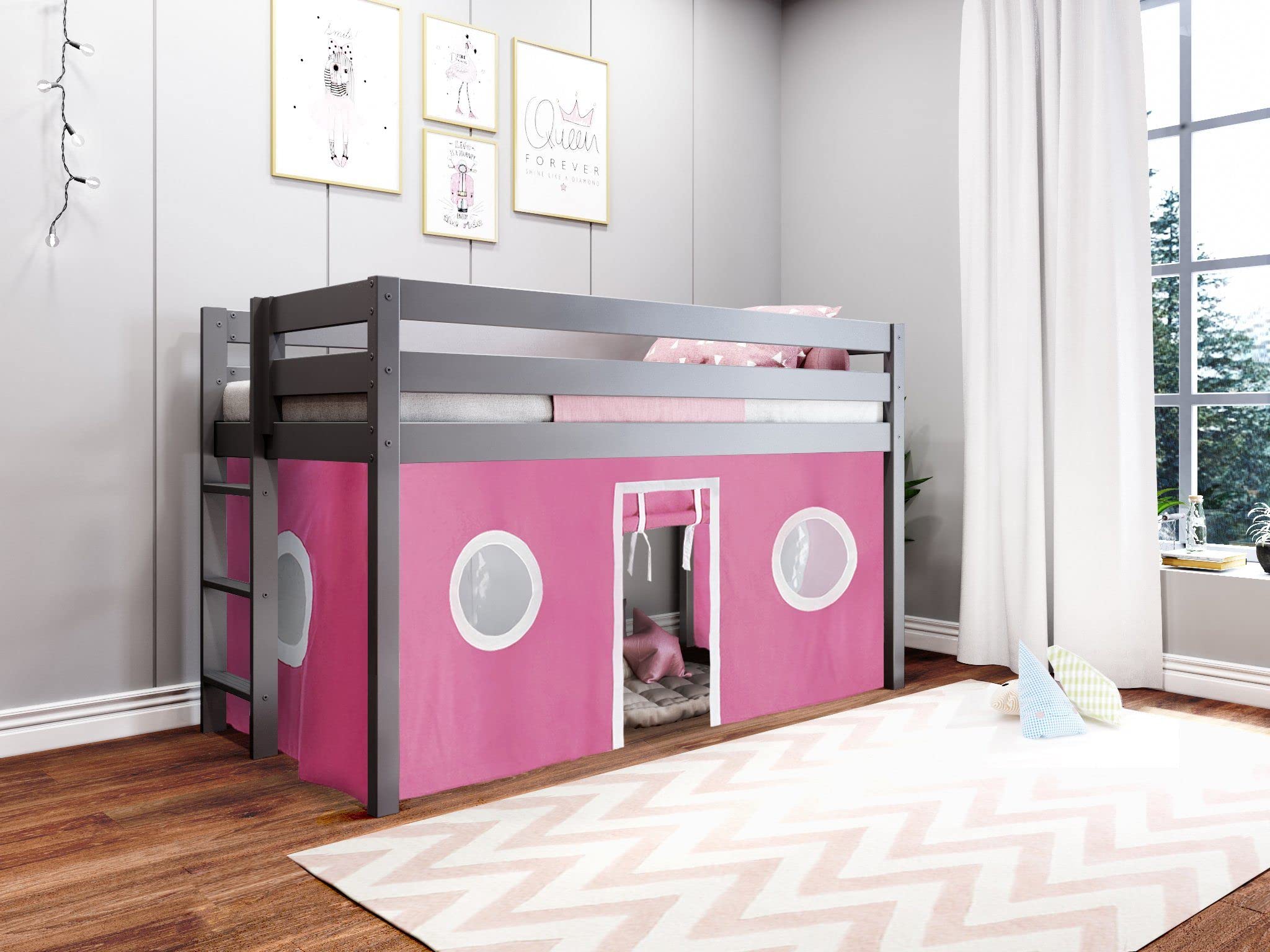 Modern Low Loft Twin Bed with End Ladder - Gray & Pink White Tent for Kids & Teens - Perfect for Small Bedrooms, Sleepovers & Playrooms