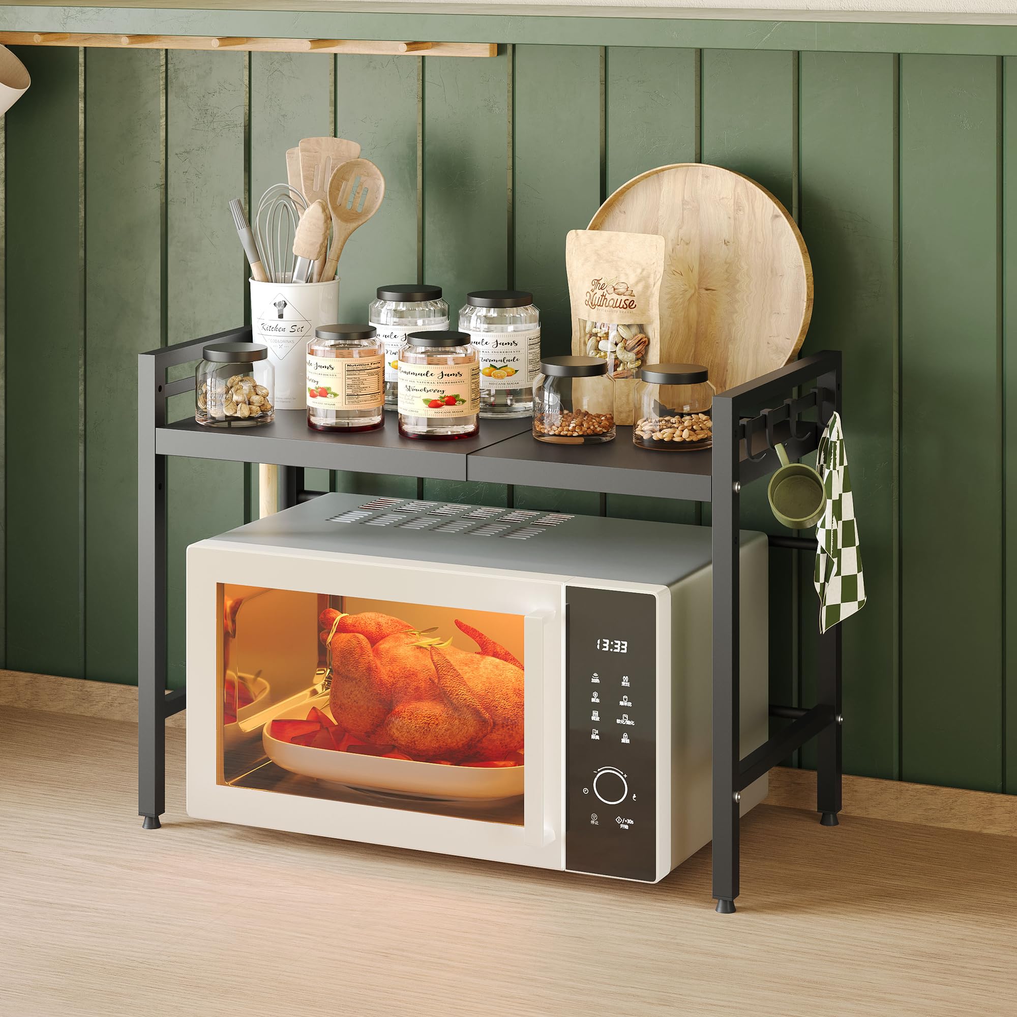 Expandable 2-Tier Microwave Stand with 8 Hooks - Sturdy Metal Kitchen Countertop Organizer Shelf for Microwave, Spices & Utensils - 55lbs Weight Capacity - Perfect for Small Kitchens, Apartments & Dorm Rooms