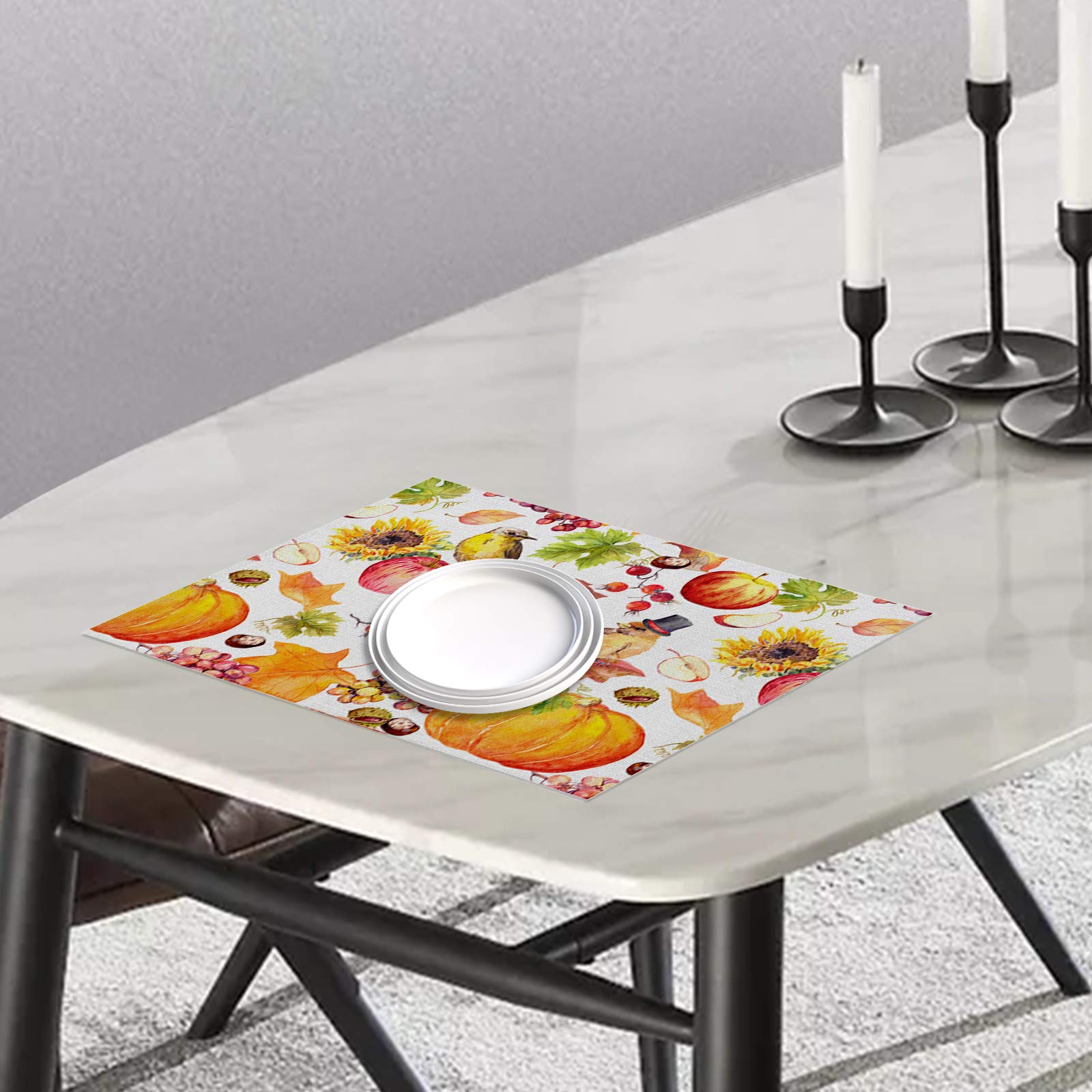Fall Placemats Set of 6 - Autumn Maple Leaves Pumpkin Sunflowers Bird Design - Heat Resistant Waterproof Non-Slip Thanksgiving Table Mats for Dining Kitchen Decor - Perfect for Holiday Dinners, Family Gatherings and Seasonal Home Decoration