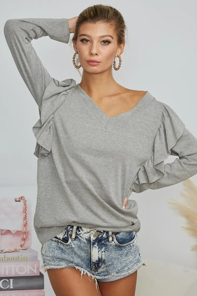 BiBi Triblend V Neck Top with Shoulder Shirring Detail - Soft Stretchy Women's T-Shirt for Casual Wear, Layering & Everyday Comfort