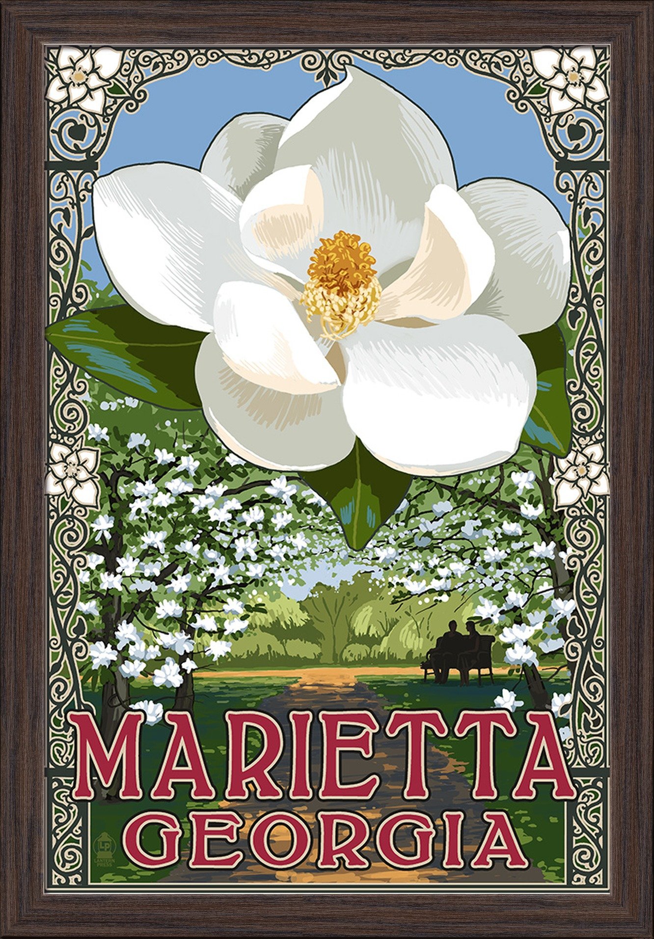 Magnolia Fine Art Print - 16x24 Giclee on Recycled Wood Frame in Espresso Brown - Georgia Botanical Wall Decor for Living Room, Bedroom & Office