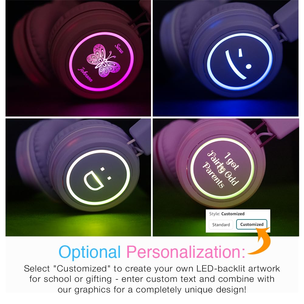 MEE audio KidJamz KJ55BT Bluetooth Wireless Kids Headphones with LED Lights - 85dB Volume Limiter, Built-in Mic & 40H Battery - Safe Listening Headphones for Children - Perfect for School, Online Learning, iPhone, iPad, Tablet & Travel (Pink)