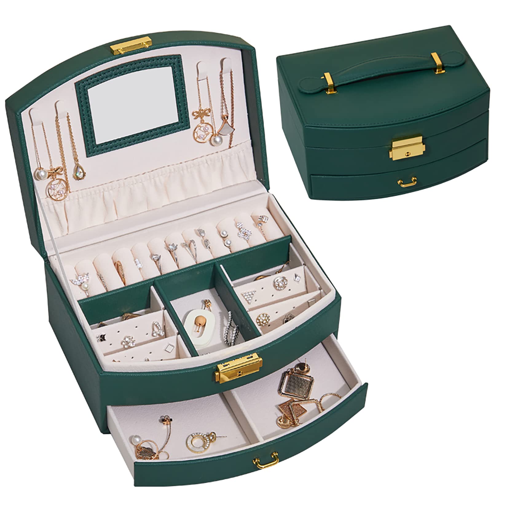 2-Layer Jewelry Organizer Box with Mirror & Ring Tray - PU Leather Jewelry Display Case for Earrings, Necklaces, Bracelets & Rings - Perfect for Women & Girls (Green) | Ideal for Travel, Home Storage & Gift Giving