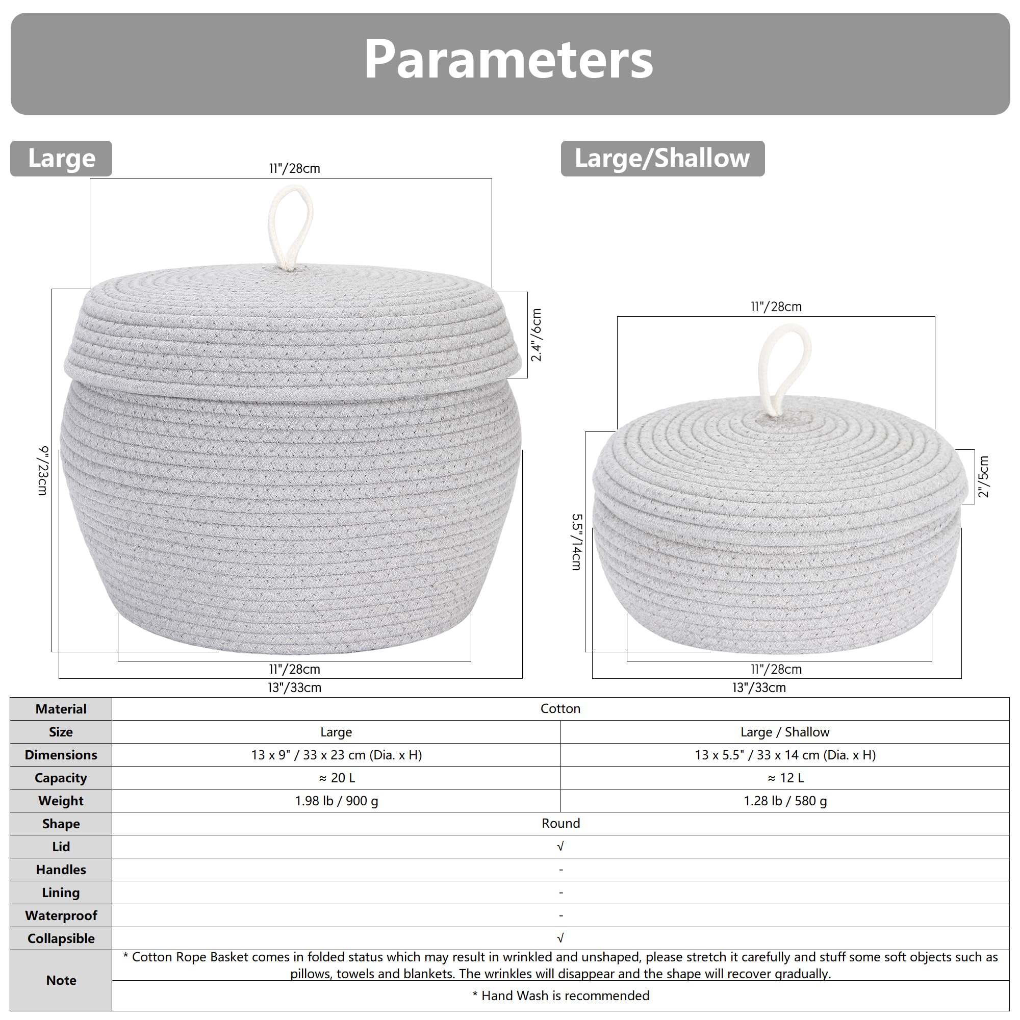 Sea Team Round Cotton Rope Storage Basket with Lid - Decorative Woven Organizer Bin for Home, Kitchen, Bathroom & Nursery - Perfect for Snacks, Towels, Toys, Plants & More - 13 x 5.5 Inches (Large, Shallow, Black) - Ideal for Shelf, Countertop & Closet Organization