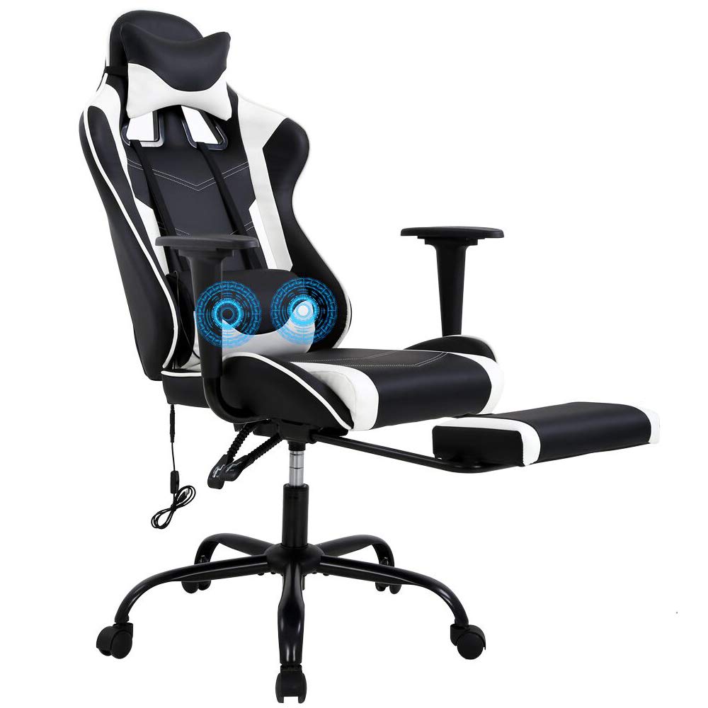 Ergonomic PC Gaming Chair - High Back Executive Office Chair with Lumbar Support & Slide-Out Footrest - Adjustable Swivel Racing Style PU Leather Computer Chair for Gamers & Professionals (White) - Perfect for Home Office, Gaming Setup & Esports Tournaments