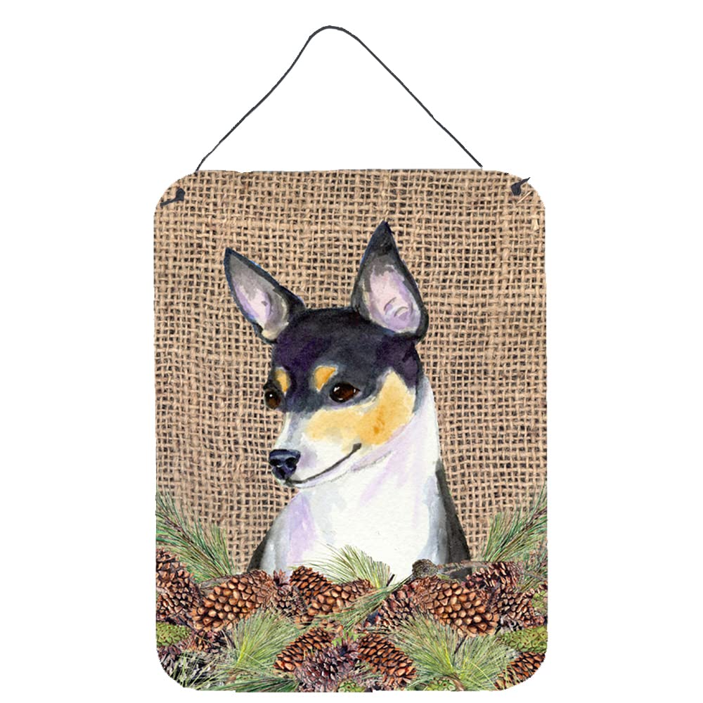 Fox Terrier Metal Wall Art Sign - 12x16 Inches Faux Burlap with Pine Cones Design - Rustic Home Decor for Kitchen, Bathroom, Bar, Front Door - Durable Aluminum Hanging Plaque for Indoor & Outdoor Use