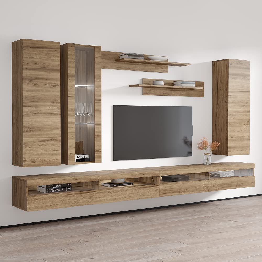 Modern Floating TV Stand with Storage & LED Lights - Wall-Mounted Entertainment Center for Bedroom & Living Room - Oak Wood TV Console with Shelves (Perfect for Small Spaces & Home Theater Setup)