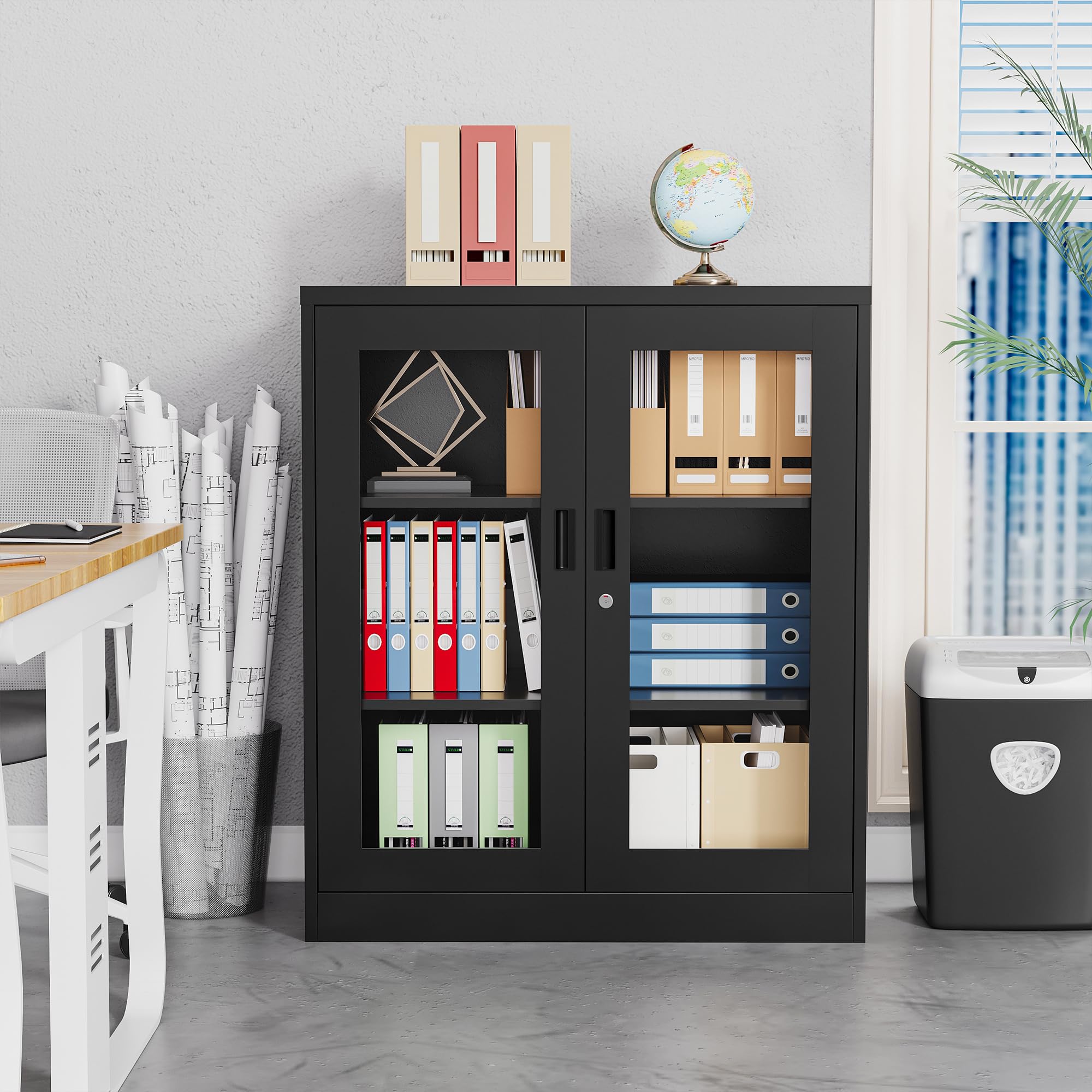 Metal Storage Cabinet with Lock - Office & Home File Organizer with Acrylic Doors & Adjustable Shelves - Secure Document Storage for Office, Home, Hospital (Black) - Perfect for Organizing Files, Supplies & Medical Records