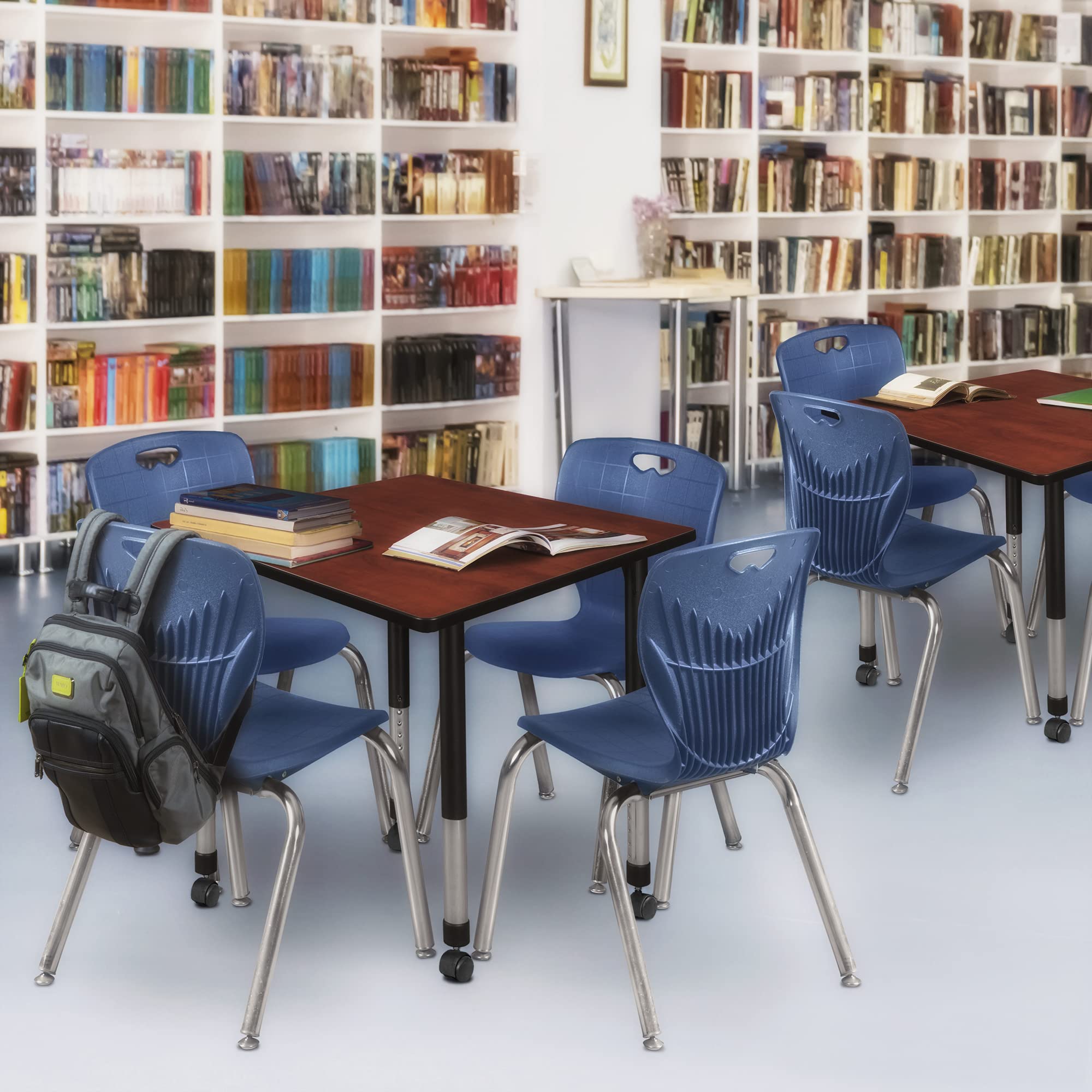 Regency Kee Height Adjustable Mobile Square Classroom Table 42 Inch - Cherry Wood School Desk with Wheels for Flexible Learning Spaces, Study Rooms & Home Offices