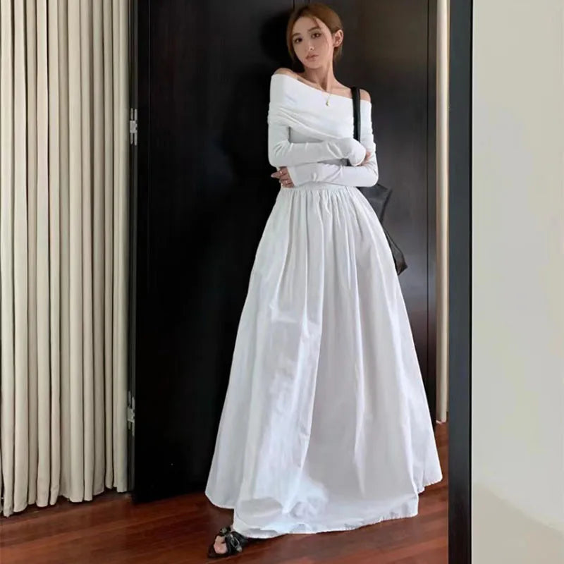Elegant Black Slash Neck Long Dress for Women - Y2K Korean Style Off Shoulder Long Sleeve Party Dress | Perfect for Spring Fashion, Night Out, and Special Occasions