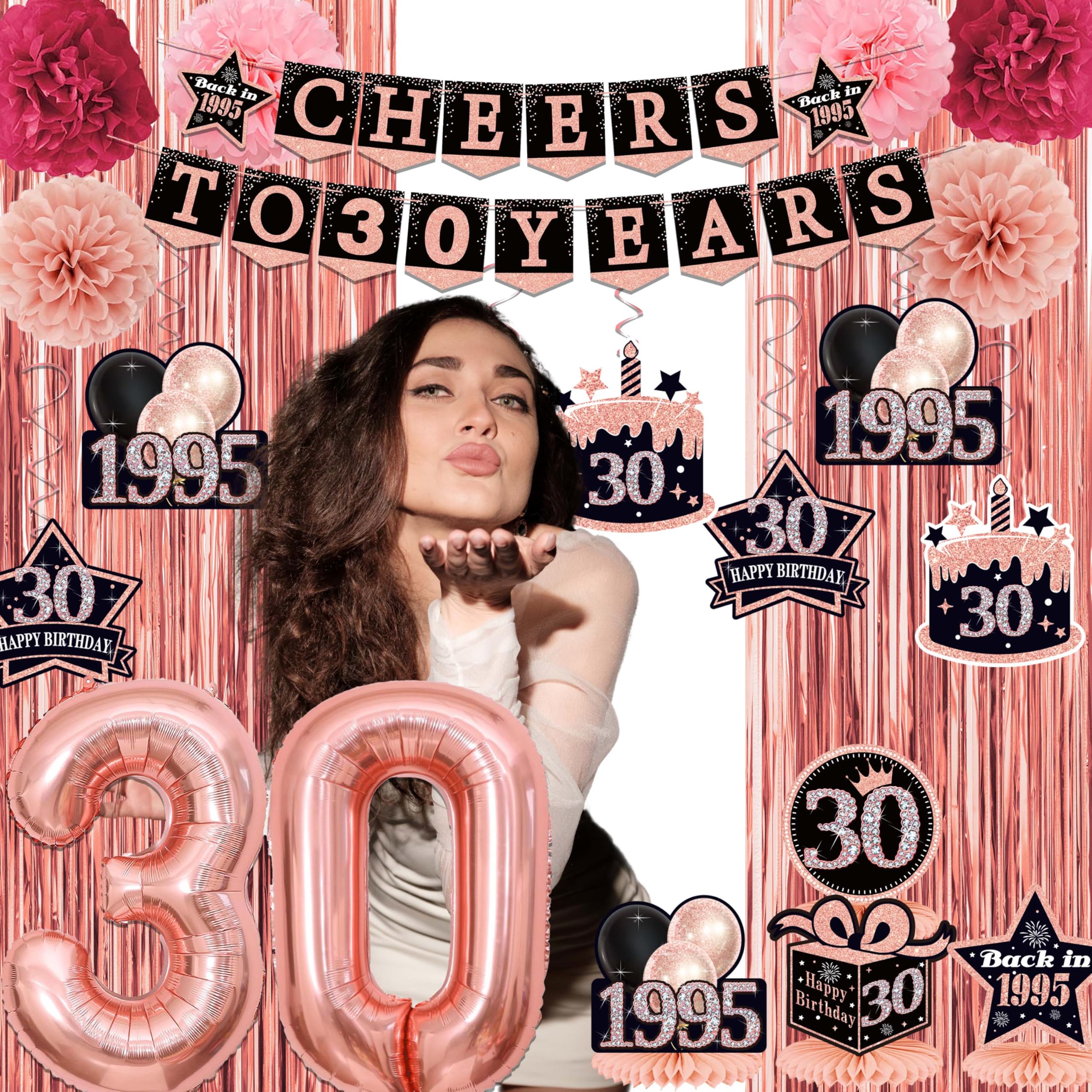 Black Rose Gold 'Cheers to 30 Years' Banner - Happy 30th Birthday Backdrop Decorations for Women, 1995 Hanging Swirls, Paper Poms & Honeycomb Centerpiece | 30th Birthday Party Supplies | Perfect for Milestone Celebrations, Photo Backdrops & Themed Decor