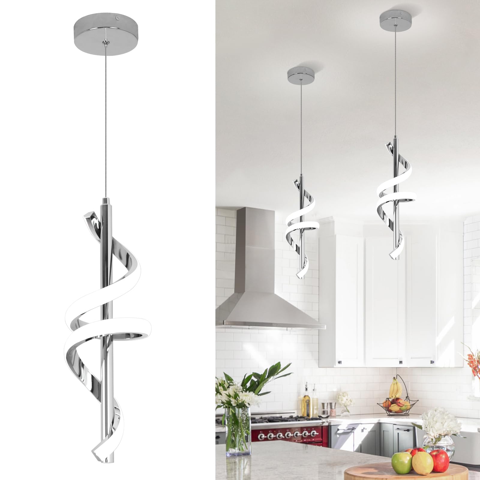 Vloitgol Spiral LED Pendant Light Fixtures - 5500K Cool White Modern Adjustable Hanging Light for Kitchen Island, Dining Room, Bedroom & Sink Areas | Energy-Efficient Lighting Solution for Home & Office Spaces