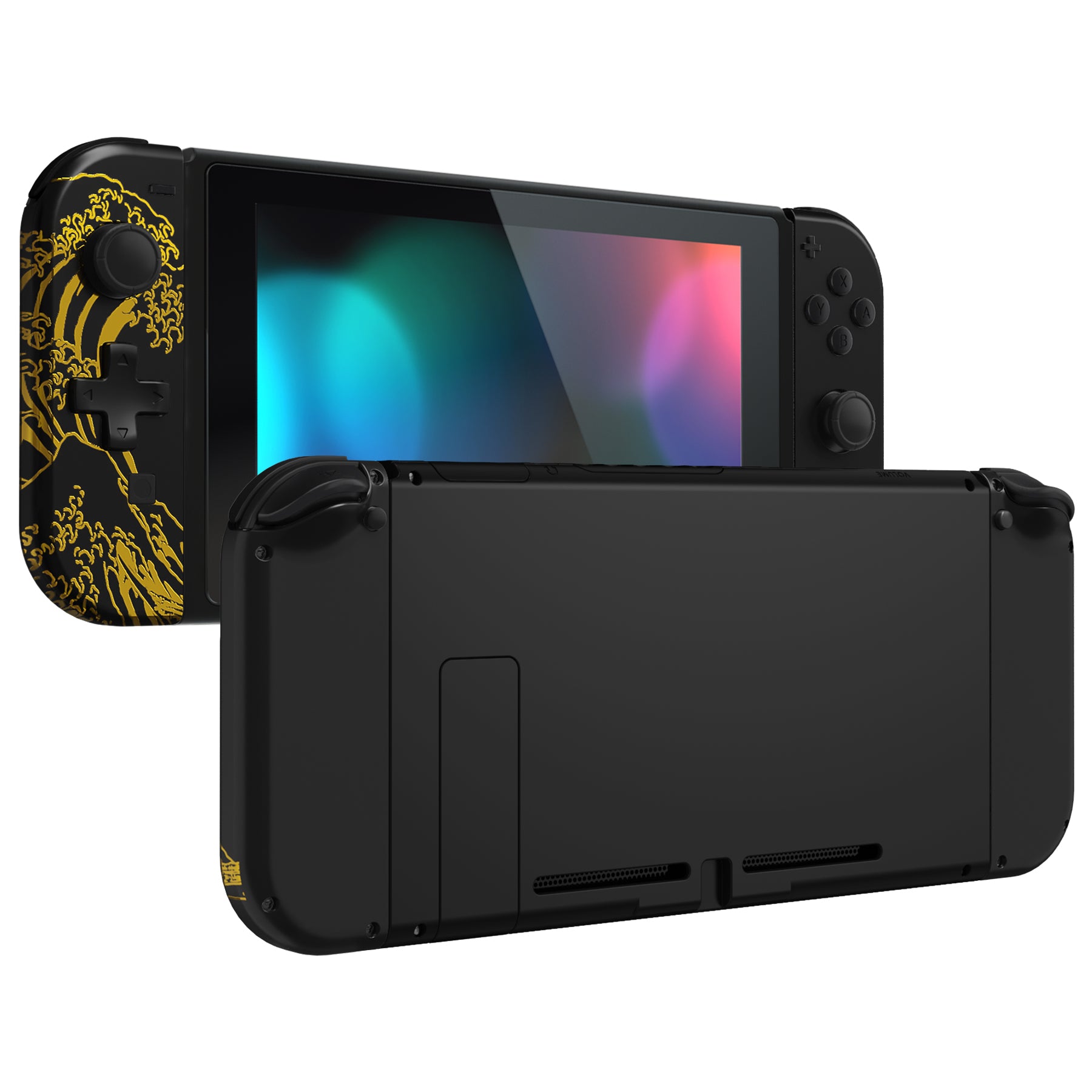eXtremeRate Gold Black D-Pad Replacement Shell Case with Buttons for Nintendo Switch Joy-Con - The Great Wave Off Kanagawa Design - Perfect for Gaming, Customization & Collectors