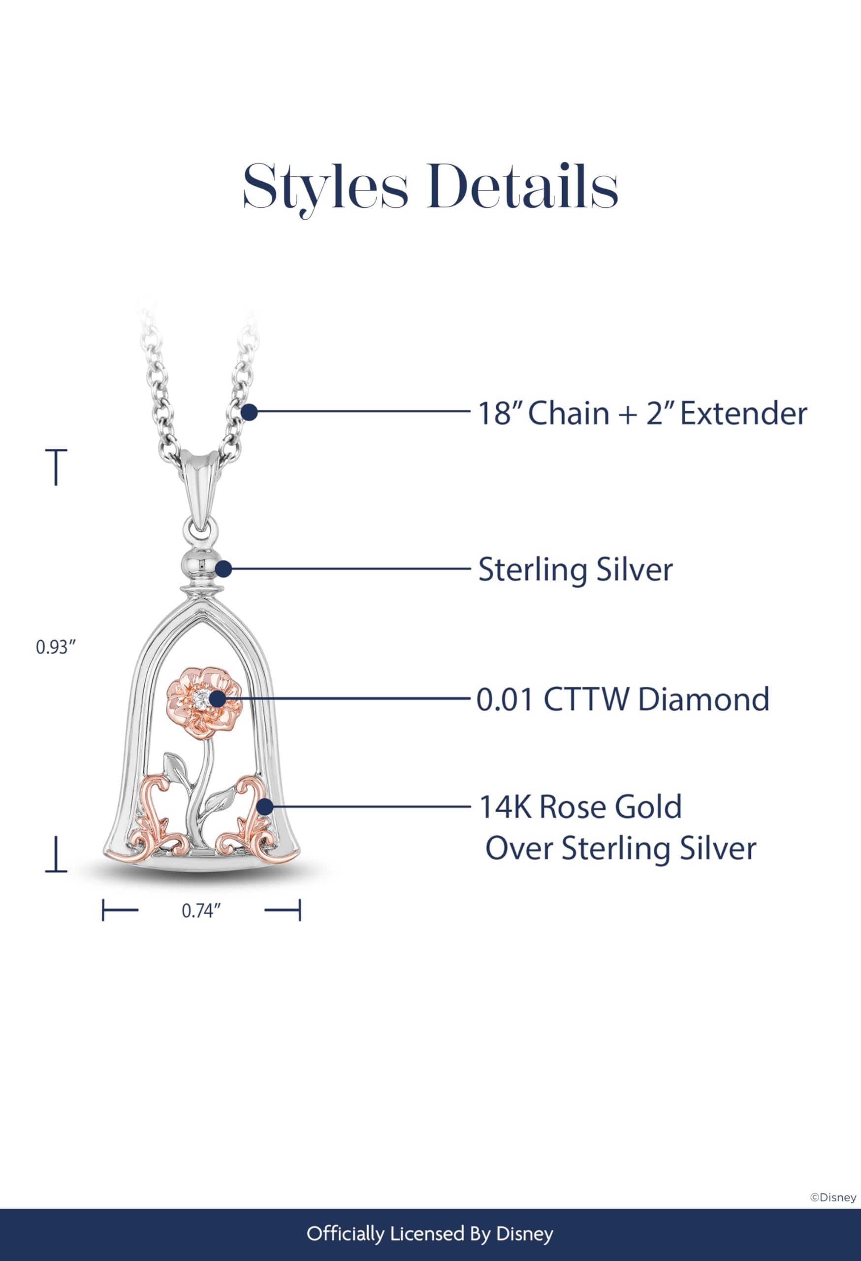 Enchanted Disney Belle Rose Pendant - 14K Rose Gold Over Sterling Silver with Diamond Accents | Elegant Jewelry Gift for Women | Perfect for Anniversaries, Birthdays & Special Occasions
