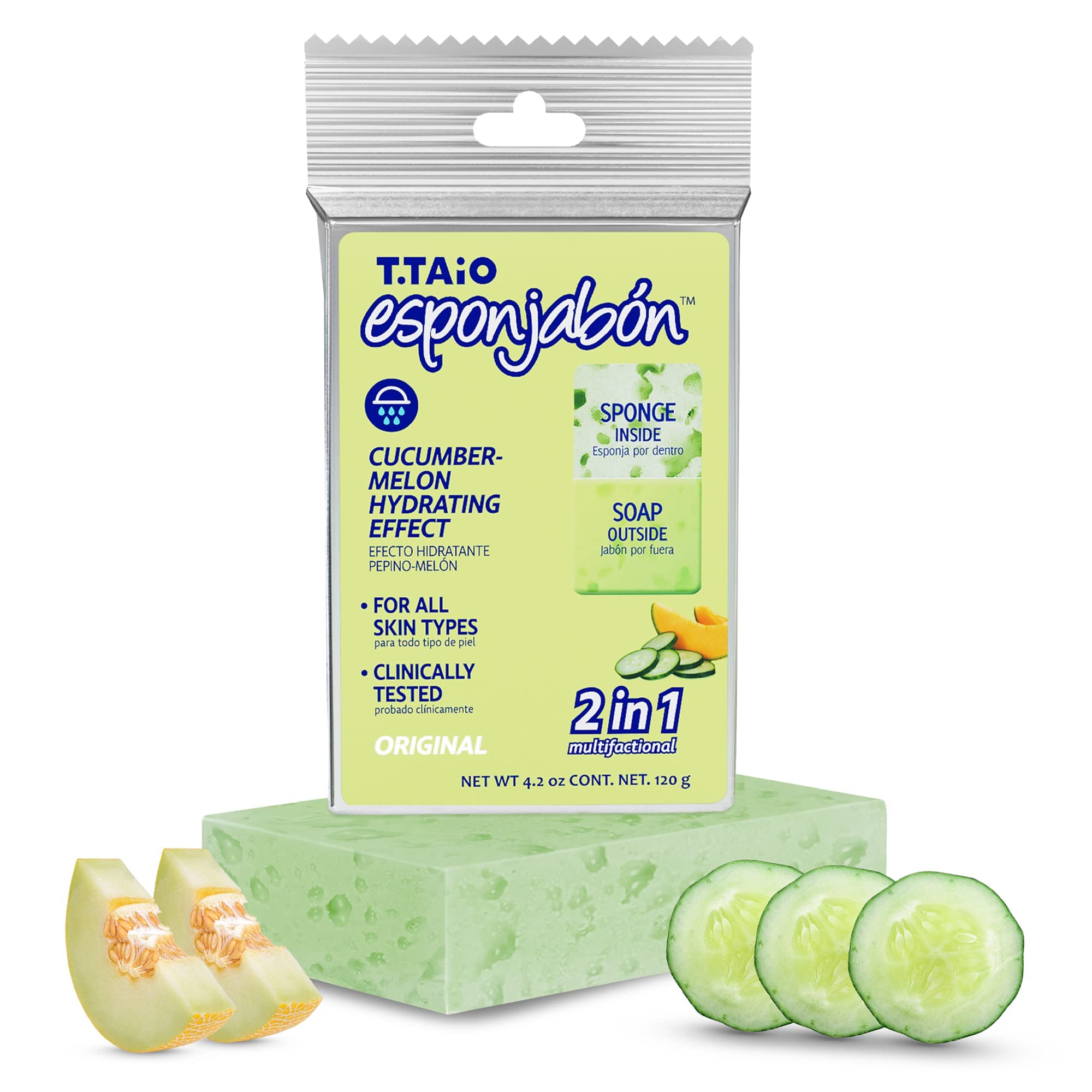 T.Taio Exfoliating Soap Sponge - Deep Cleansing Shower Scrubber for Body & Face - Oil Removal Bath Wash Scrub with Massage Bristles - Cucumber Melon Scented - Perfect for Foot, Elbow & Back Exfoliation - Bathroom & Shower Accessories for Spa-Like Experience at Home