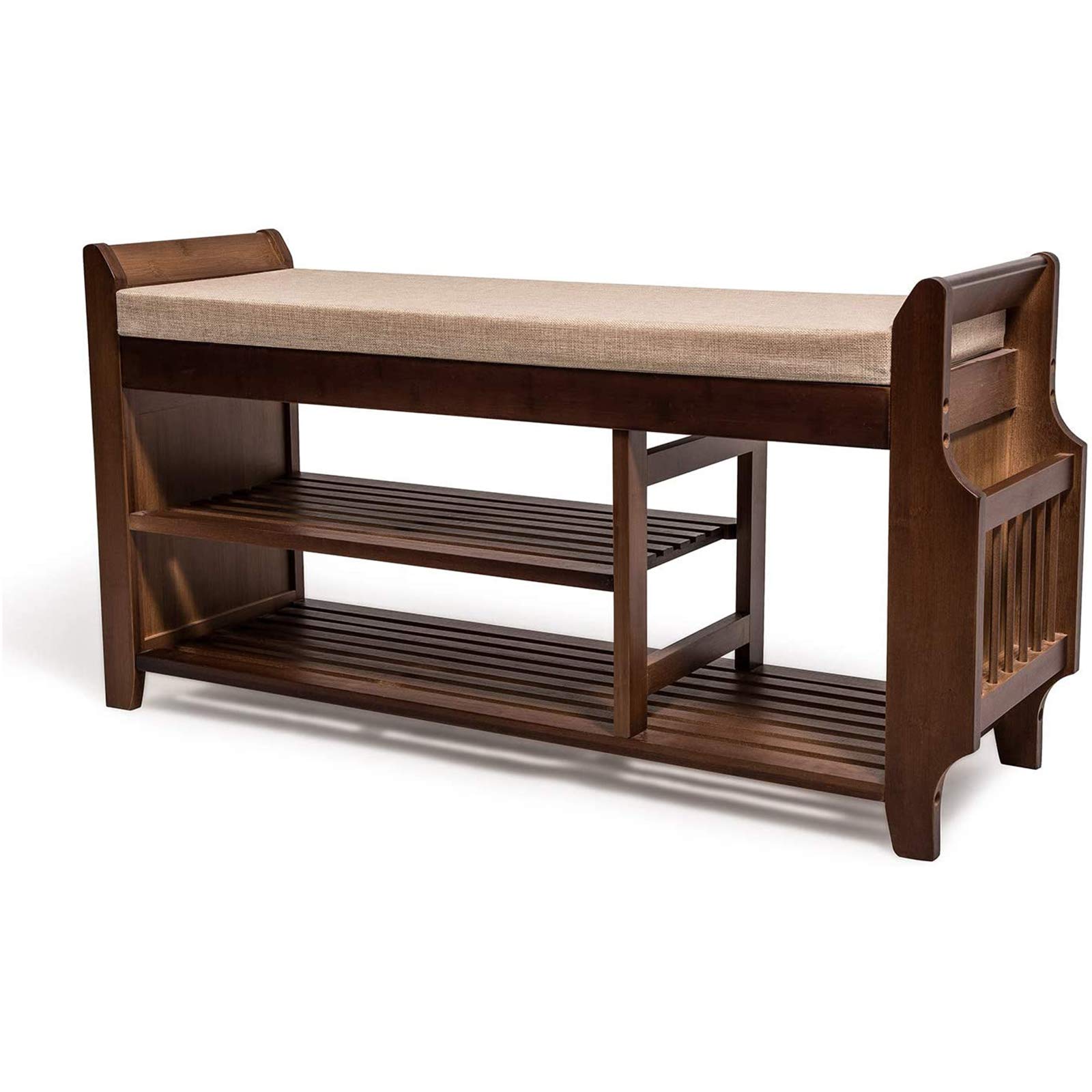 2-Tier Bamboo Shoe Rack Bench with Removable Cushion, Storage Shelf & Umbrella Stand - Entryway Organizer with Drawer for Shoes, Boots & Accessories - Perfect for Hallway, Living Room, Bathroom or Bedroom Storage Solution