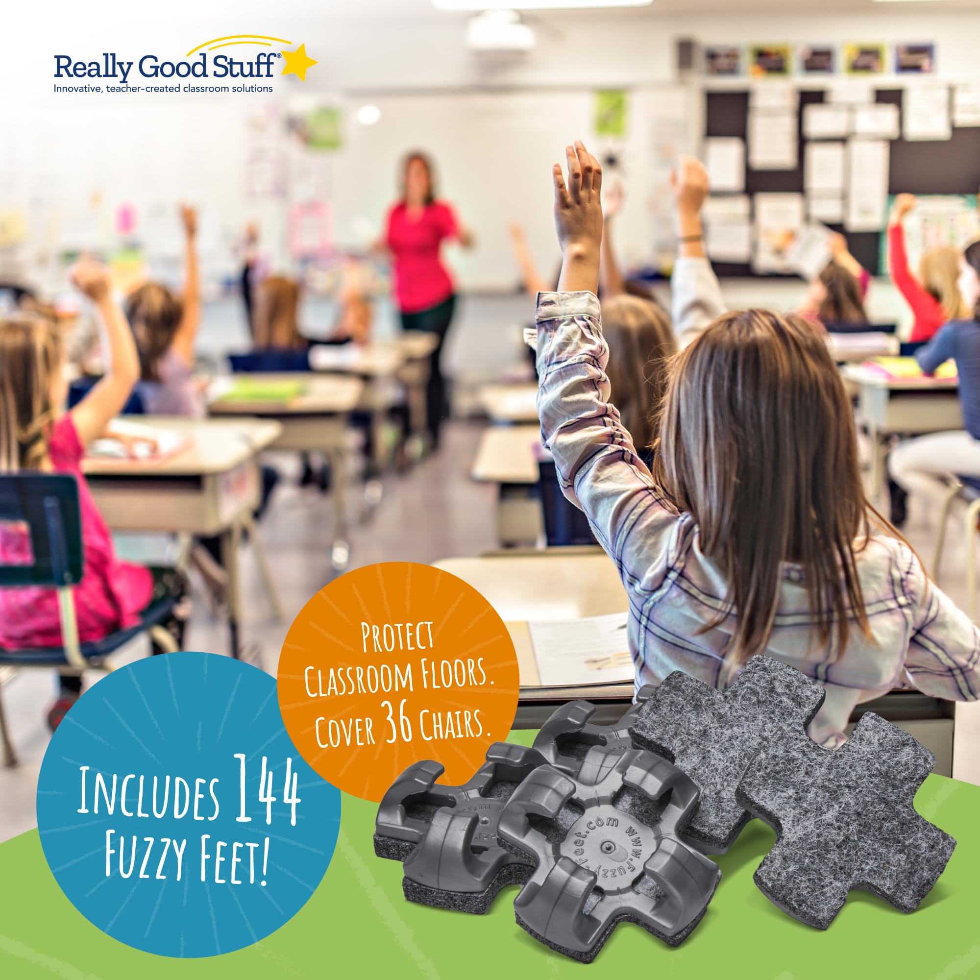 Fuzzy Feet Chair Glides - 144 Pack Noise Reducing Felt Sliders for Classroom Chairs & Desks | Prevent Floor Scratches & Scuffs | Snap-On Leg Covers | Perfect for Schools, Offices & Home Use