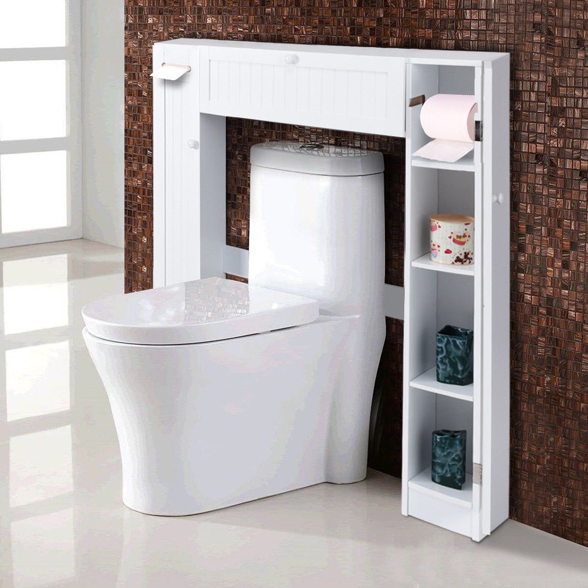 White Over The Toilet Storage Cabinet with Drop Door - Space Saving Bathroom Organizer for Towels, Toiletries & Cleaning Supplies - Perfect for Small Bathrooms, Apartments & Dorms