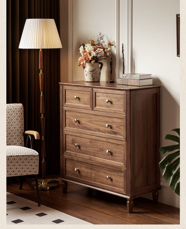 Solid Black Walnut Wood American Retro Dresser - Vintage 5-Drawer Chest for Bedroom, Living Room & Home Office Storage