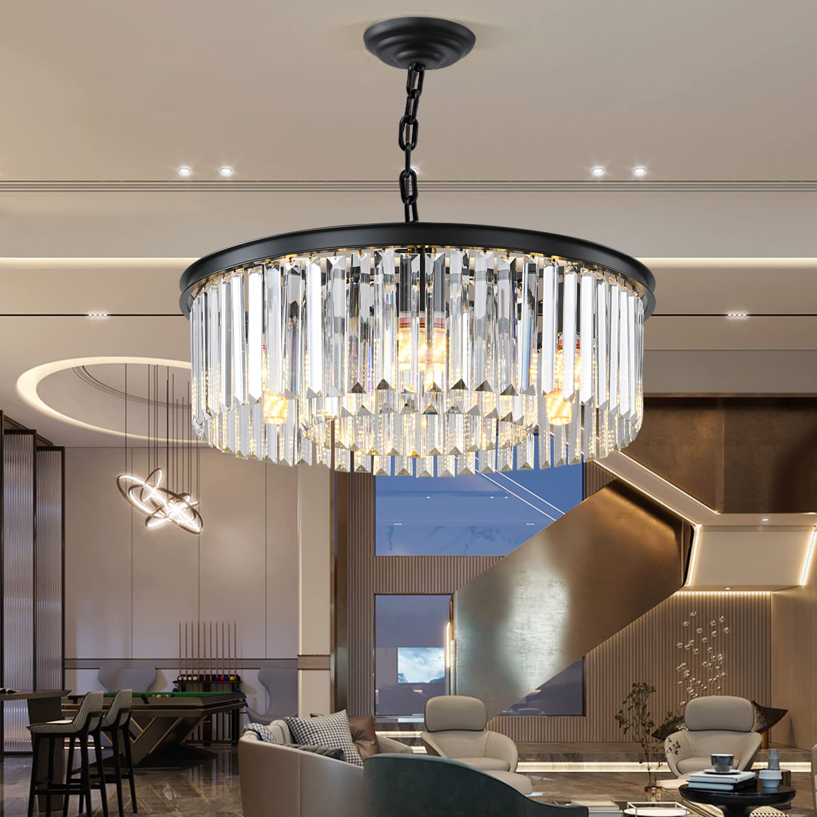 Modern Black Crystal Chandelier - 2-Tier Round Flush Mount Ceiling Light with Adjustable Height - Elegant Pendant Lighting for Dining Room, Living Room, Bedroom, Kitchen & Hotel Foyer - Perfect for Home Decor, Wedding Venues and Luxury Interior Design