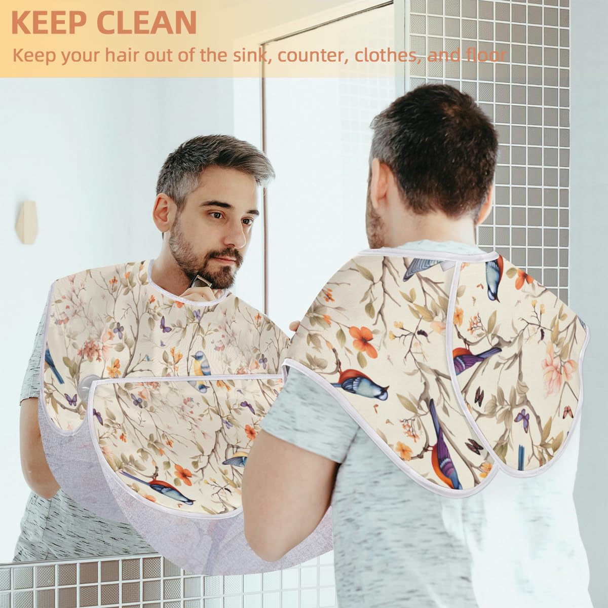 Men's Floral Bird Print Shaving Bib - Waterproof Beard Hair Catcher Apron for Grooming, Hair Dye & Makeup - Salon & Home Use Sink Protector - Perfect Gift for Barbers & Stylists