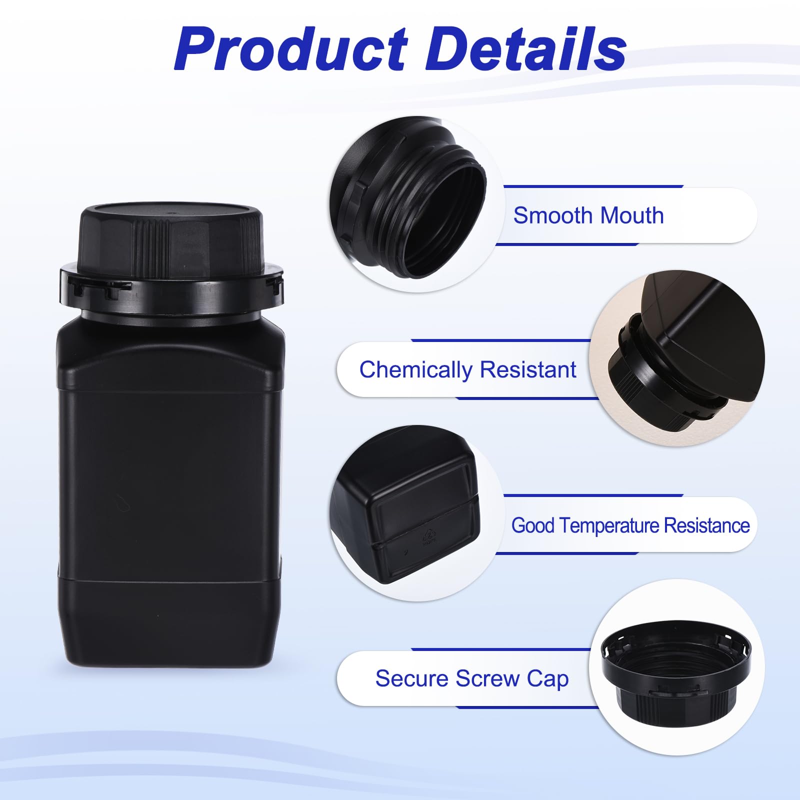 PATIKIL 5-Pack 500ml HDPE Wide Mouth Square Reagent Bottles with Screw Cap - Leak-Proof Lab Storage for Chemicals, Water, Liquids & Solid Samples (Black) - Ideal for Science Experiments, Classroom Labs & Industrial Use