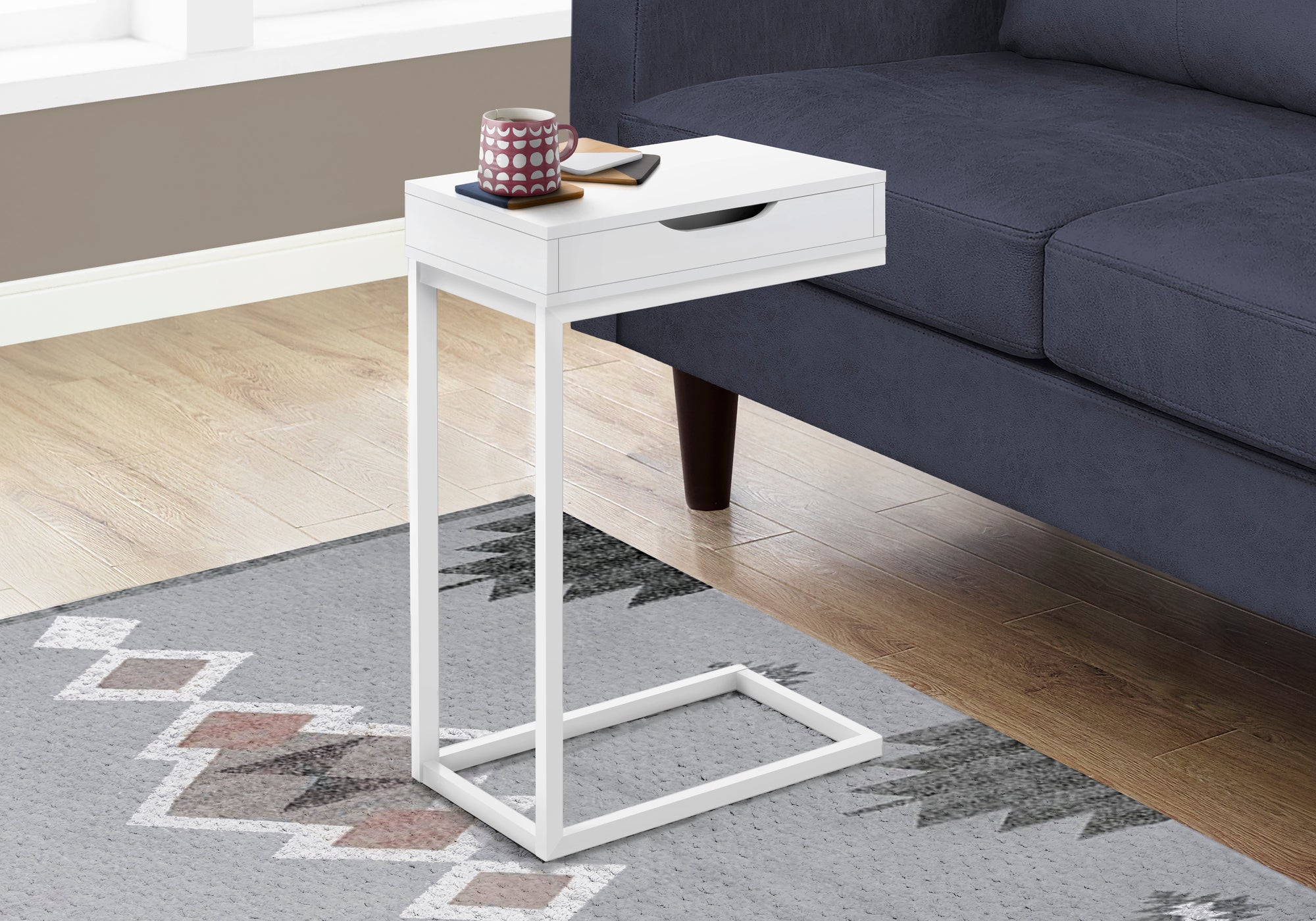 Modern White Metal Accent Table with Drawer - Elegant Side Table for Living Room, Bedroom, or Office Decor