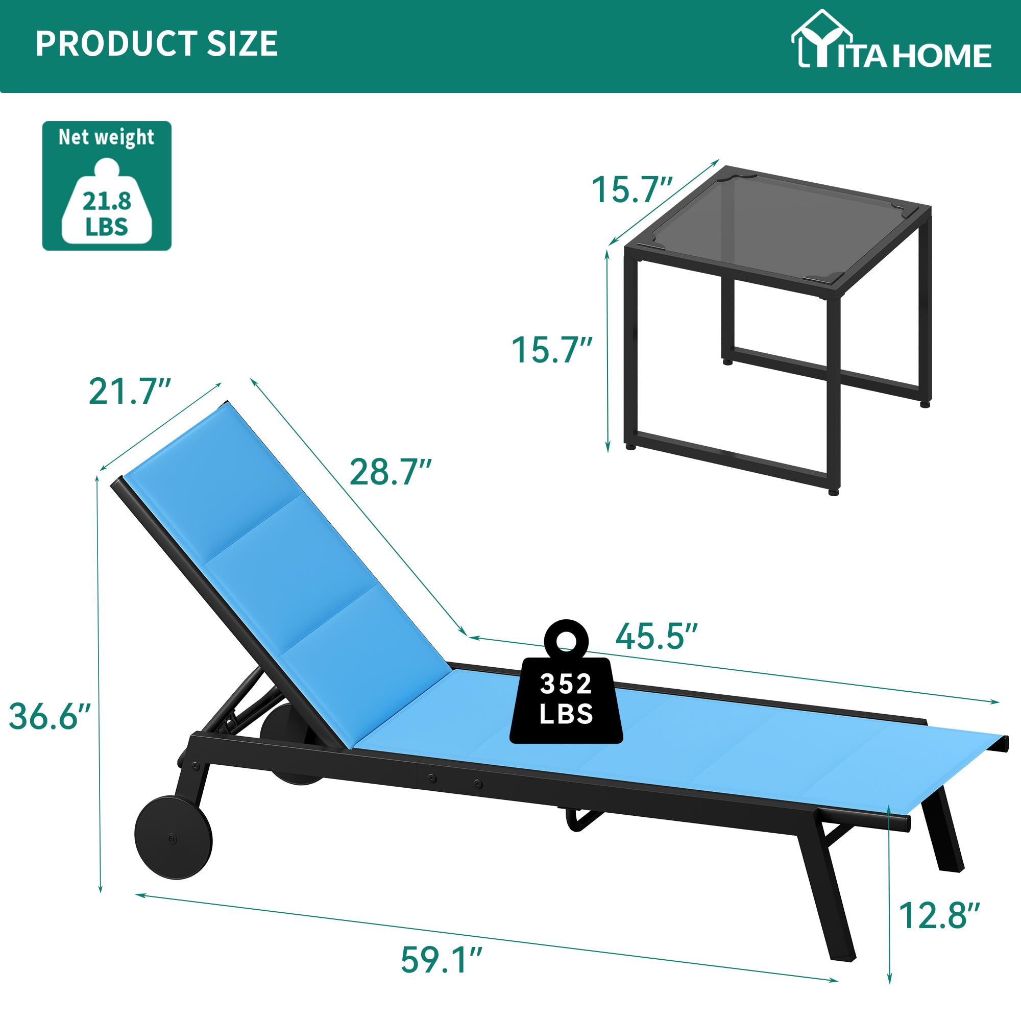 YITAHOME 3-Piece Patio Chaise Lounge Set with Side Table - Adjustable Backrest Outdoor Lounge Chairs with Padded Fabric & Wheels - Perfect for Poolside, Beach, Patio & Porch Relaxation - Blue