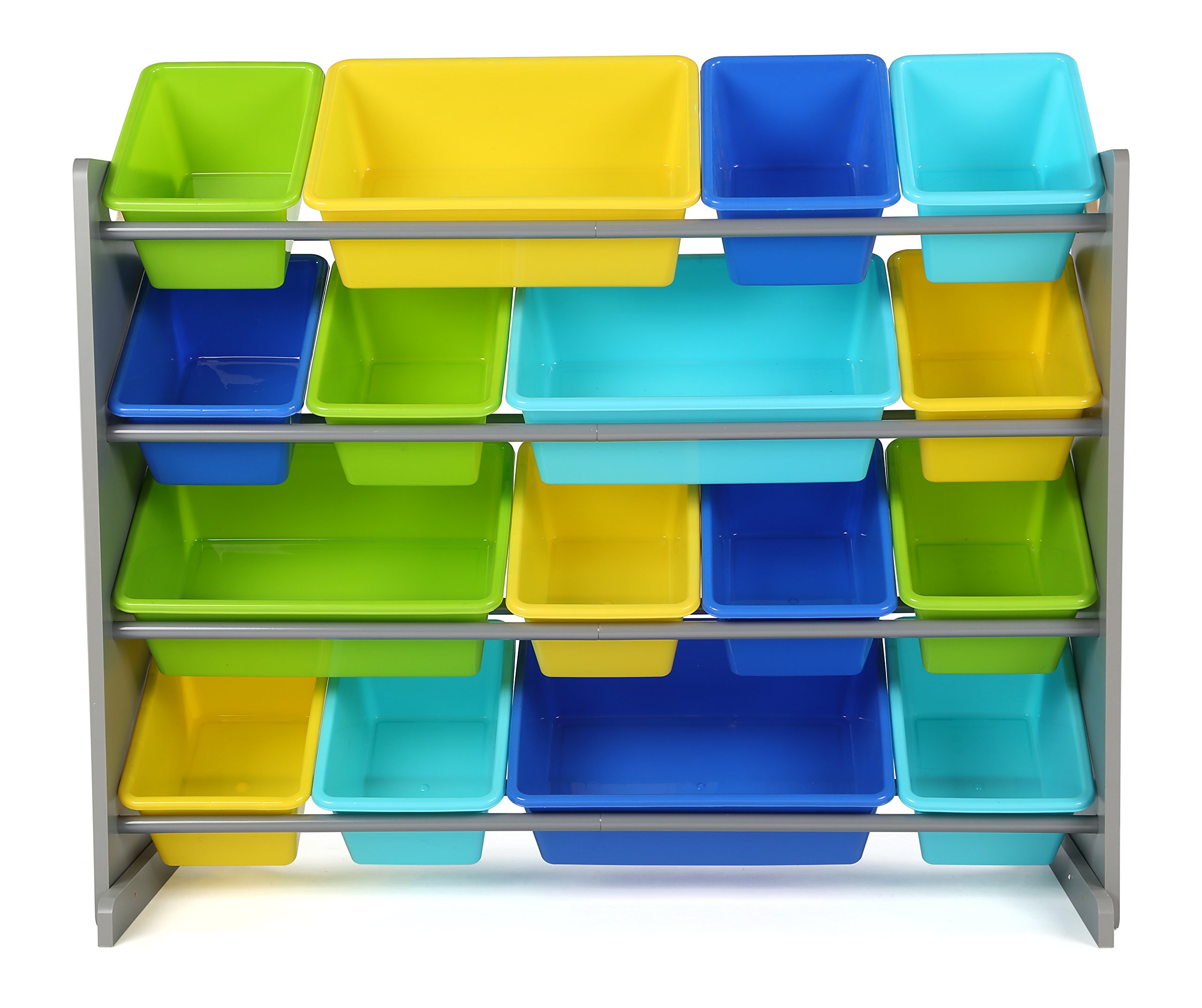 Humble Crew Extra-Large Kids Toy Storage Organizer with 16 Bins - Grey/Blue/Green/Yellow | Wooden Children's Table and 4 Chairs Set | Perfect for Playroom, Classroom & Daycare Organization
