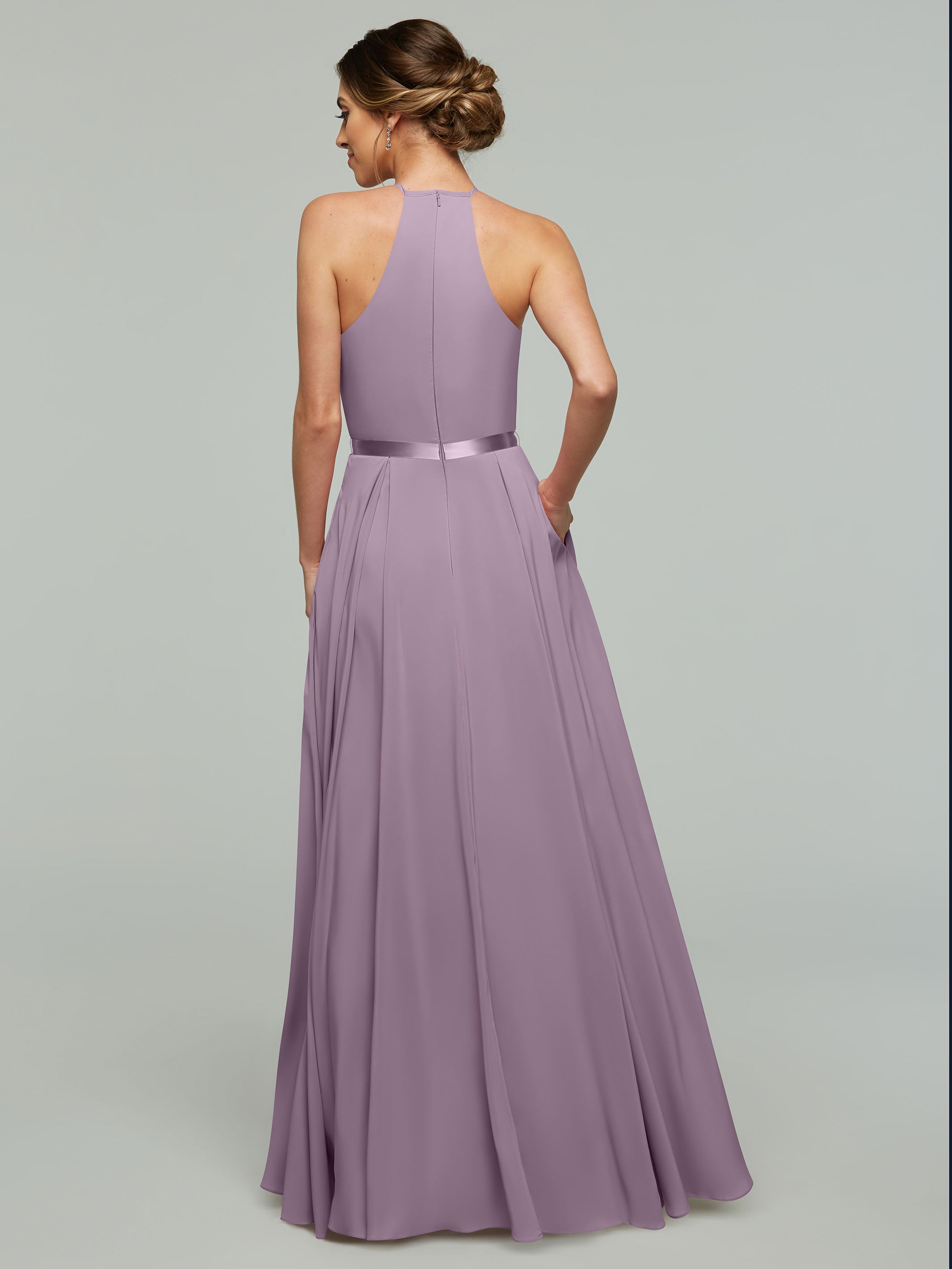 Elegant A-Line Stretch Chiffon Bridesmaid Dress with Halter Neckline & Waist Belt - Perfect for Weddings, Parties & Formal Events