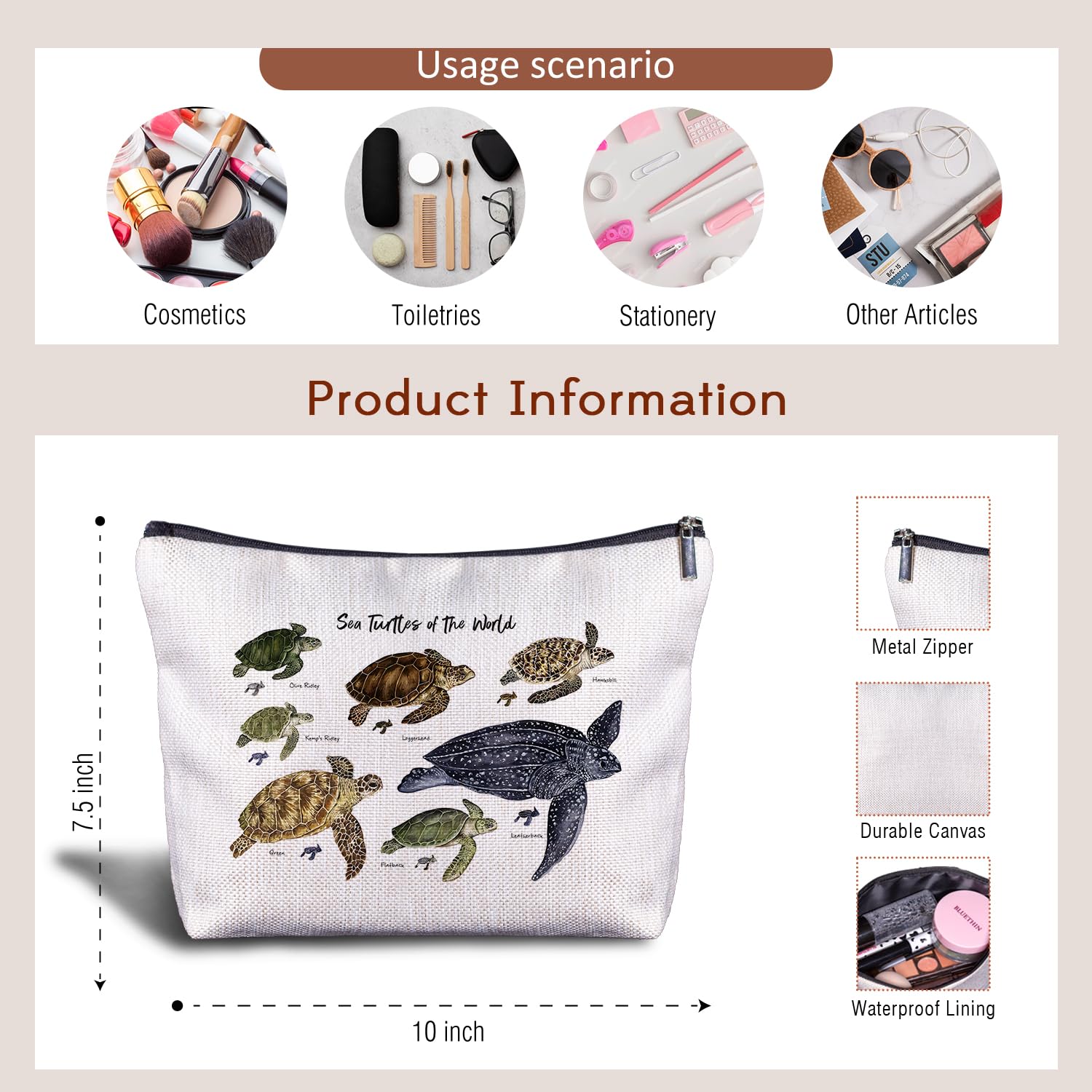 Sea Turtle Cosmetic Bag - Waterproof Makeup Pouch for Women | Cute Turtle-Themed Travel Organizer | Perfect Gift for Beach Lovers & Eco-Friendly Lifestyle
