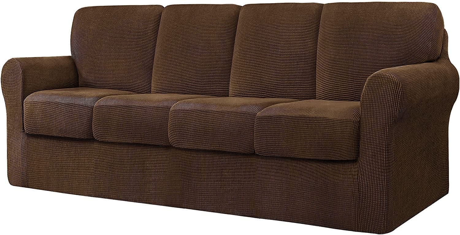 9-Piece Stretch Oversized Sofa Cover Set - Elastic Spandex Jacquard Fabric Slipcover with 4 Separate Backrests & Cushions - Coffee Color for 4-Seater Sofas (235-300cm) - Perfect for Living Room, Family Room & Home Decor Protection