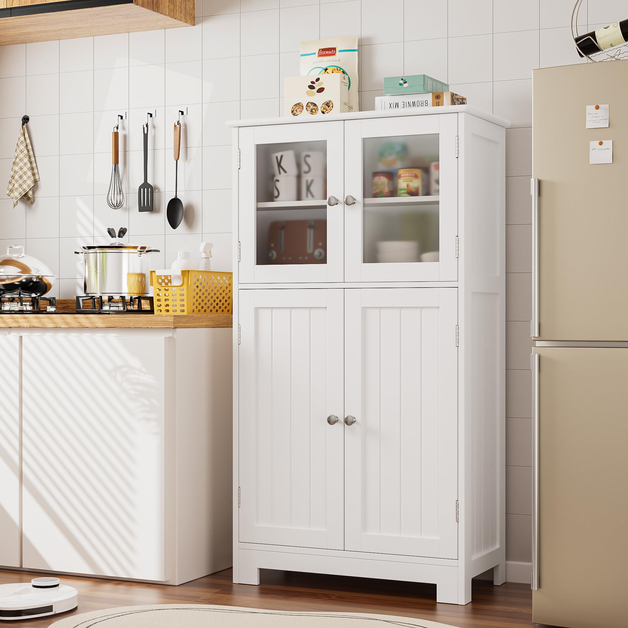 White Freestanding Bathroom Storage Cabinet with Adjustable Shelves & Glass Doors - Modern Floor Cabinet for Bathroom, Living Room & Home Office Organization