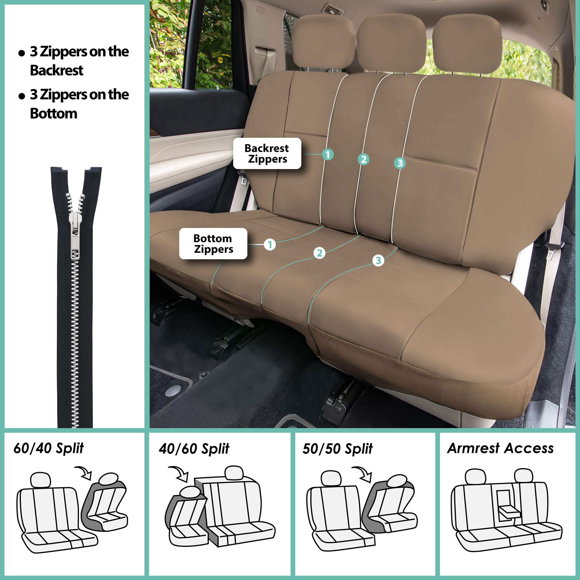 FH Group PU Leather Car Seat Covers - 3 Row 7 Seater Universal Fit for Most Cars, Trucks, SUVs & Vans | Airbag Compatible Split Bench Design | Premium Tan Color | Perfect for Family Road Trips & Daily Commute
