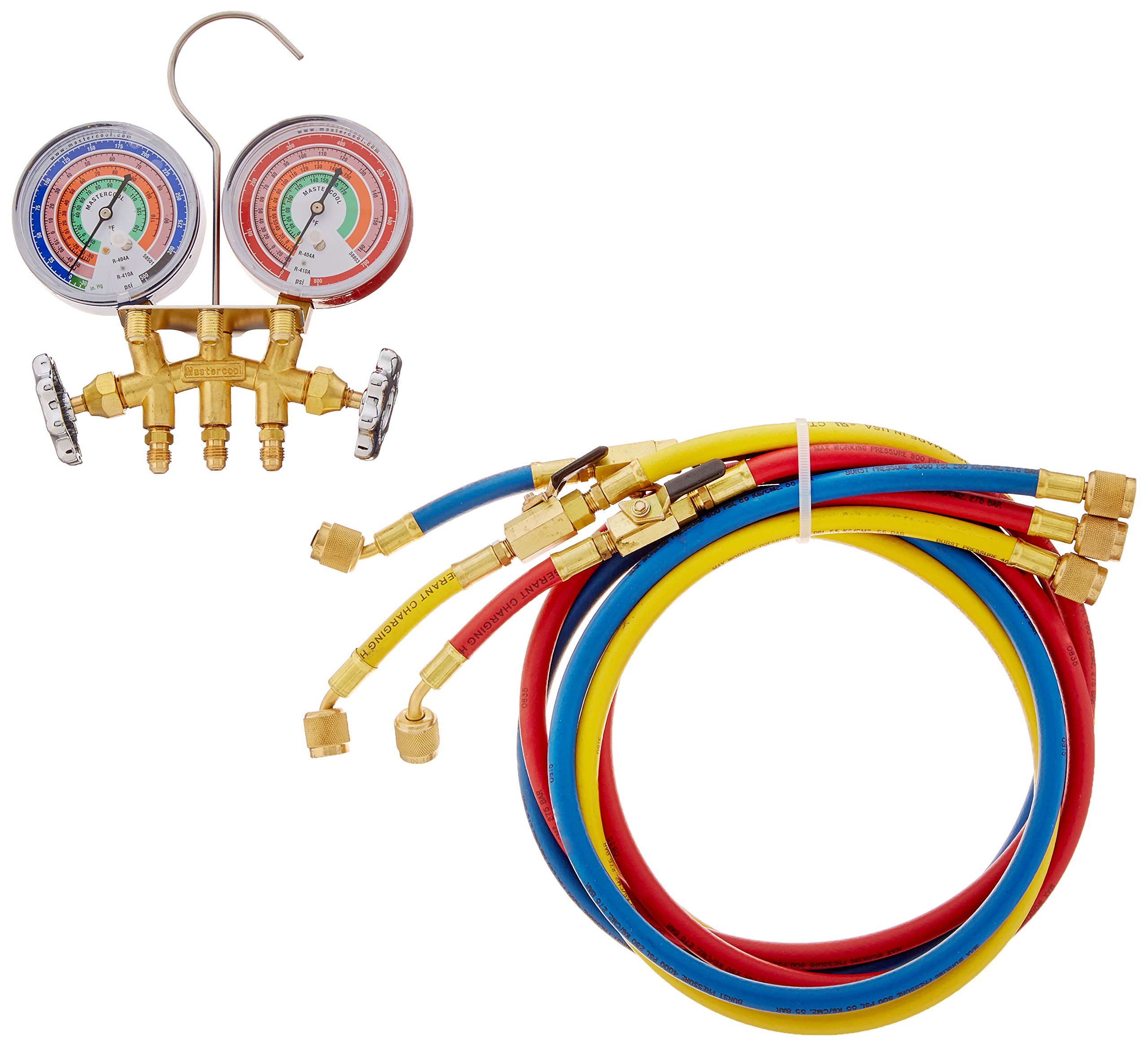 Rheem 59161 Brass 2-Way Rubber Manifold for R22 R404A R410A Refrigerants with 5ft Premium Hoses - HVAC System Repair & AC Refrigerant Charging Kit