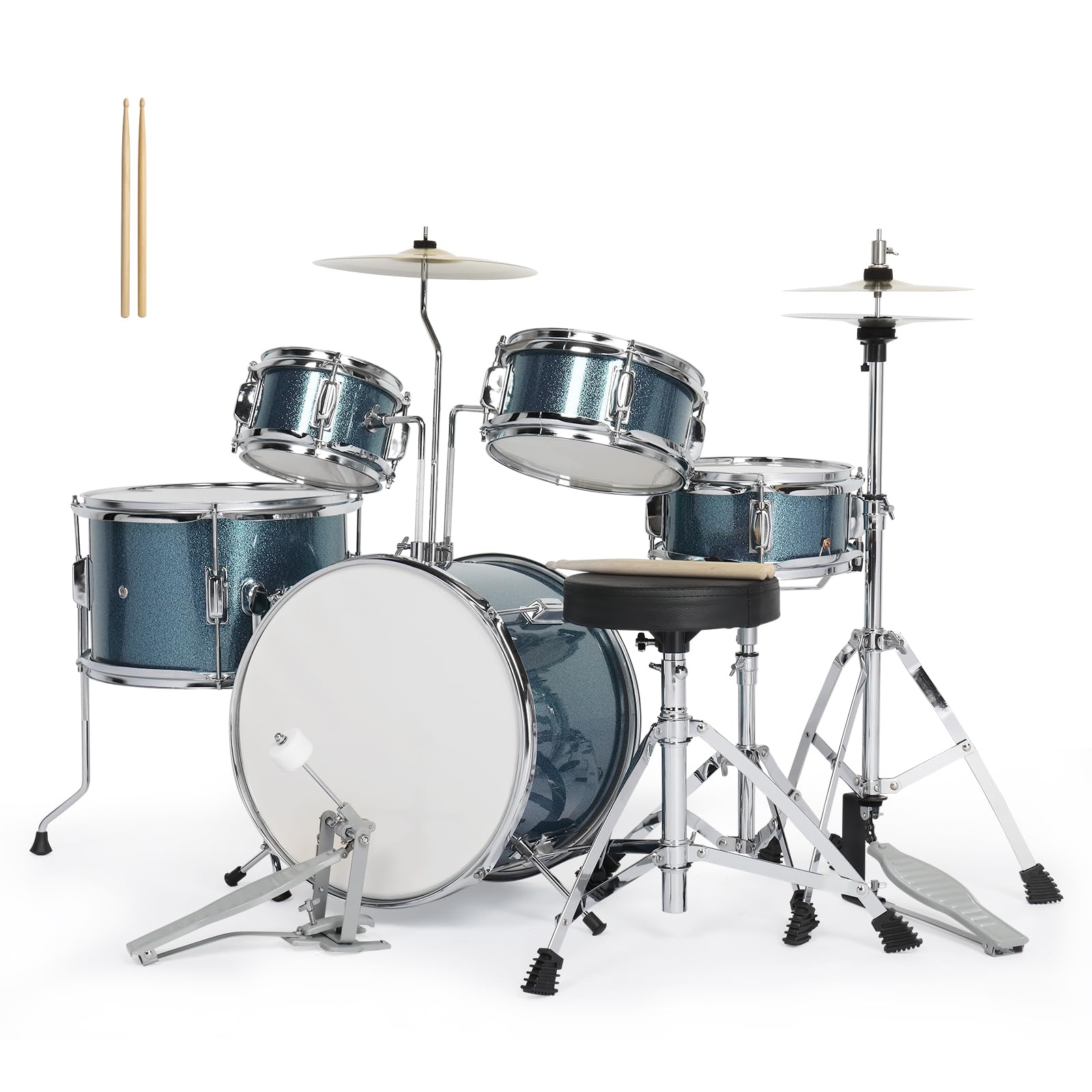 Ktaxon 5-Piece Complete Junior Drum Set - 14 Inch Kids Drum Kit with Throne Stool, Pedal & Drumsticks - Beginner Musical Instrument with Cymbal, Hi-Hat, Floor Tom & Snare Drum (Blue) - Perfect for Kids Music Lessons, Birthday Gifts & Home Practice
