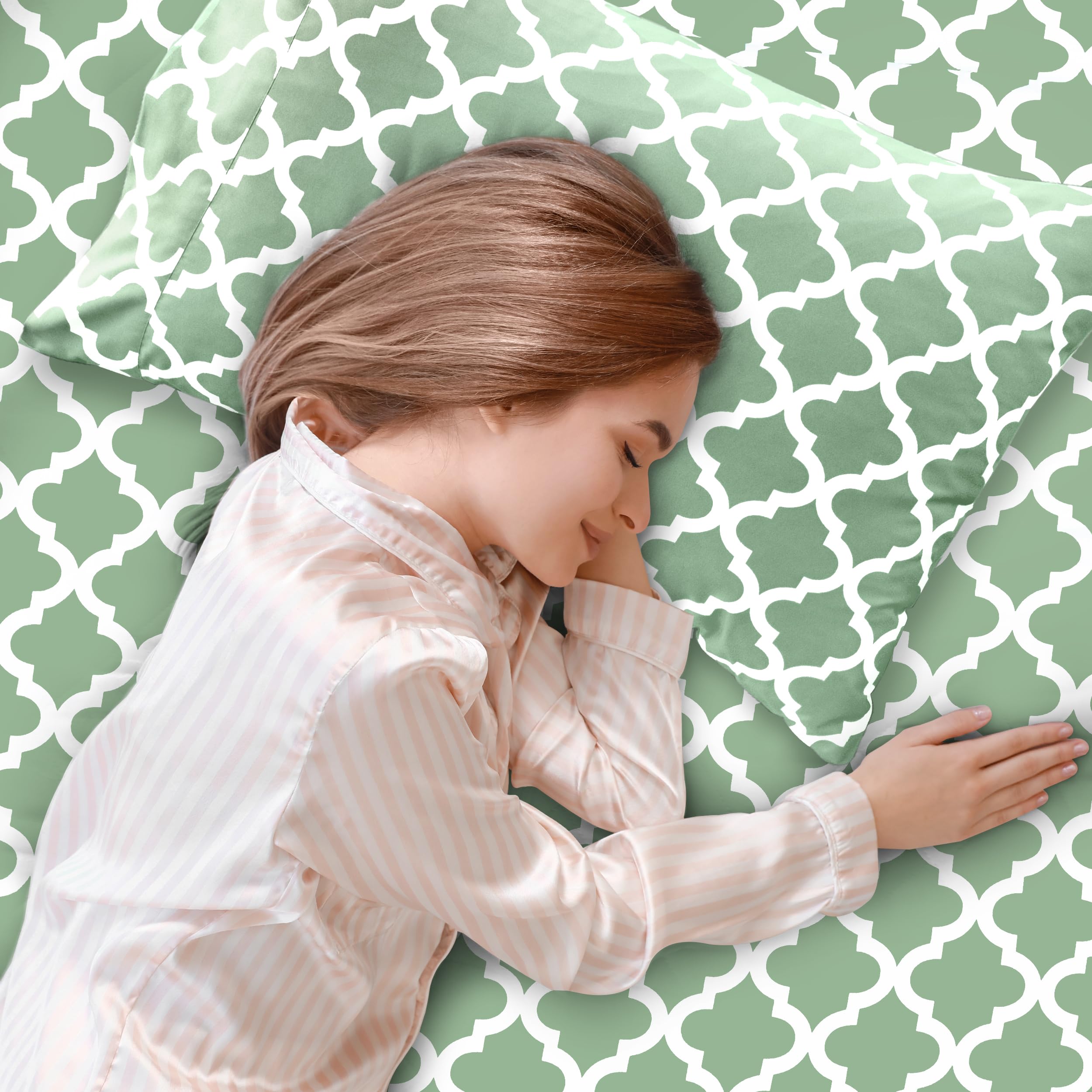 Lux Decor California King Size Bed Sheets Set - 4-Piece Cooling & Breathable Microfiber Sheet Set with Deep Pockets | Hotel Style, Soft, Wrinkle-Free & OEKO-TEX Certified Quatrefoil Design (Sage Green) - Perfect for Hot Sleepers, Guest Rooms & Luxury Bedroom Decor