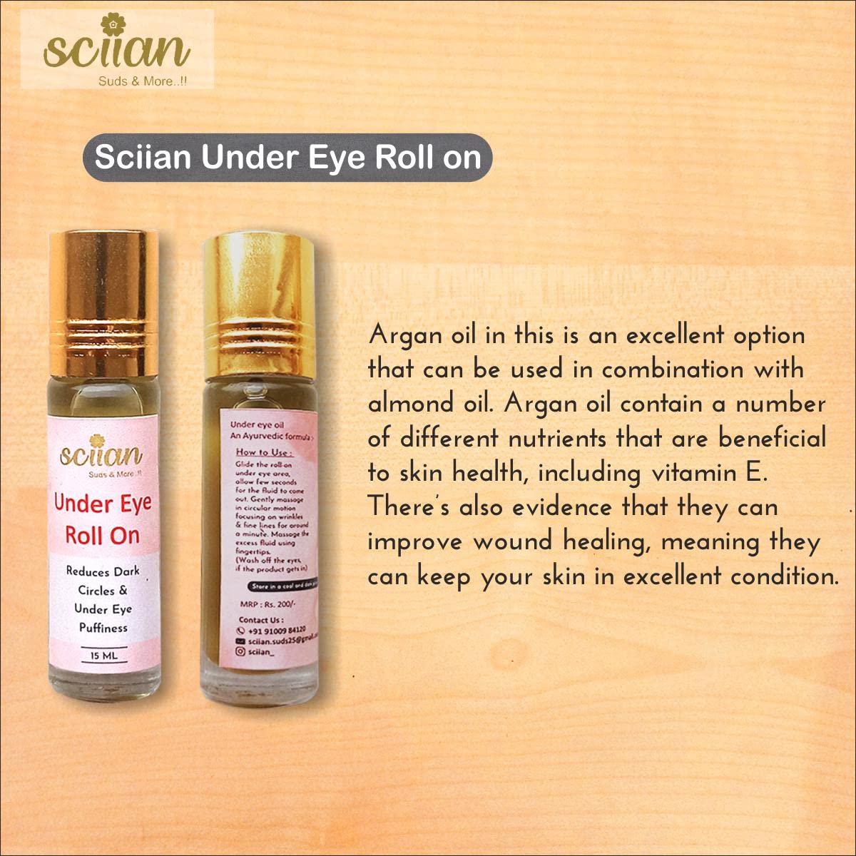 SCIIAN Under Eye Roll On for Dark Circles & Puffiness - Anti-Wrinkle Eye Serum with Ayurvedic & Argan Oils - 15ml Dark Circle Treatment for Women & Men - Perfect for Morning Routine & Travel Skincare